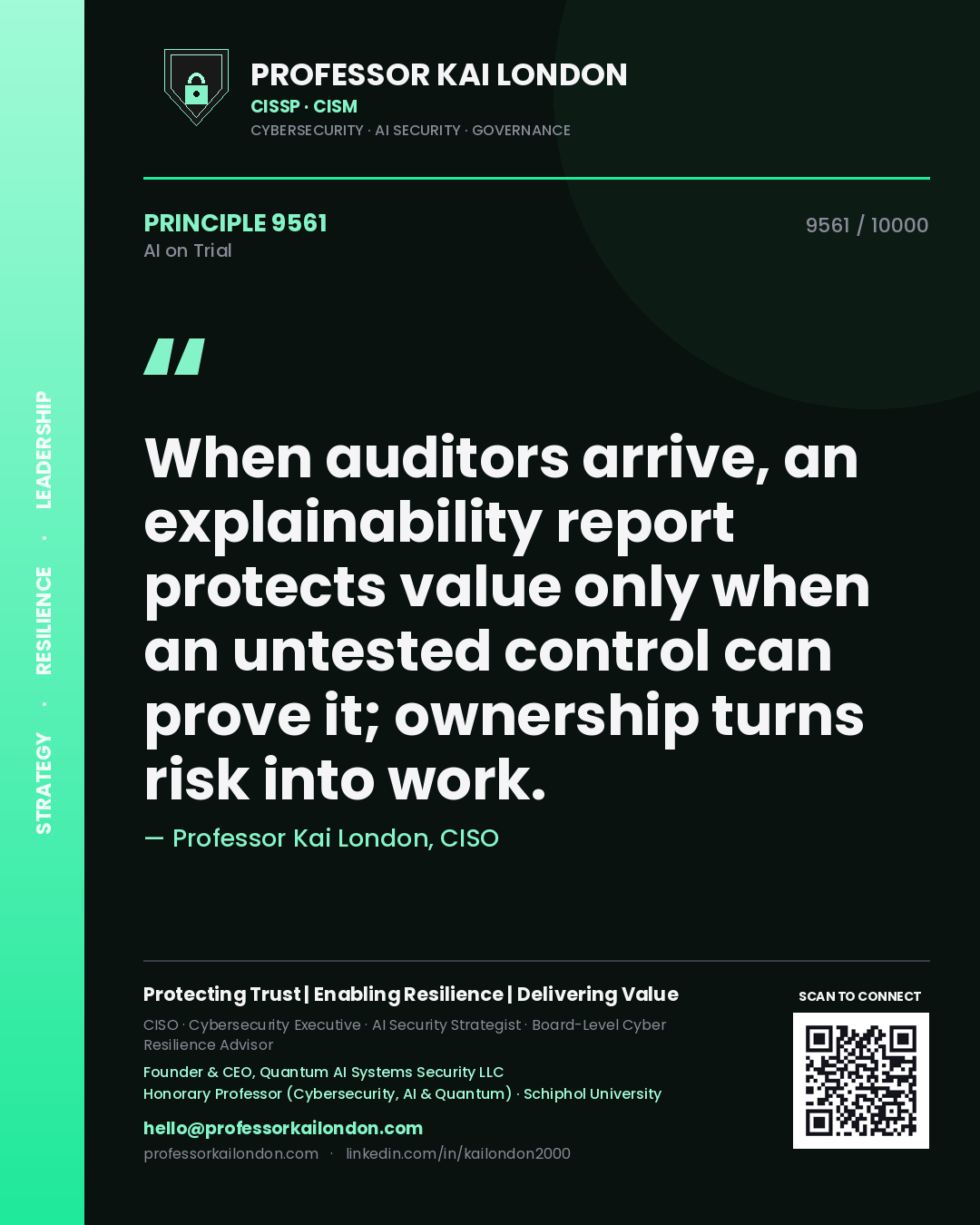 Professor Kai London principle 9561: When auditors arrive, an explainability report protects value only when an untested control can prove it; ownership turns risk into work.