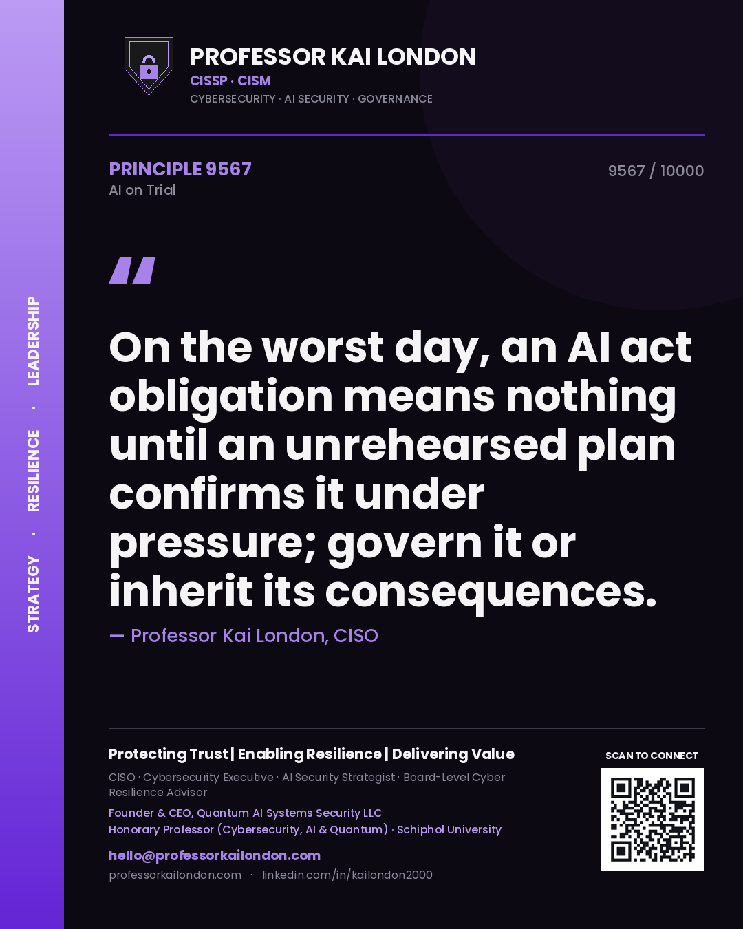 Professor Kai London principle 9567: On the worst day, an AI act obligation means nothing until an unrehearsed plan confirms it under pressure; govern it or inherit its consequences.