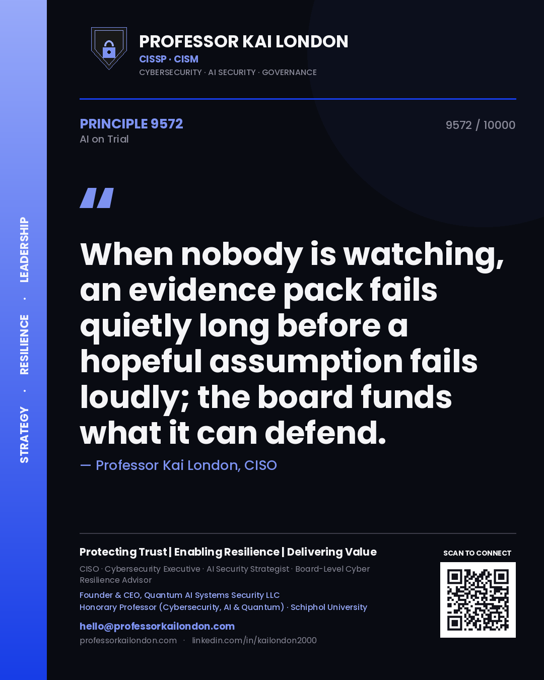 Quote card by Professor Kai London reading 'When nobody is watching, an evidence pack fails quietly long before a hopeful assumption fails loudly; the board funds what it can defend.'. From the book AI on Trial.