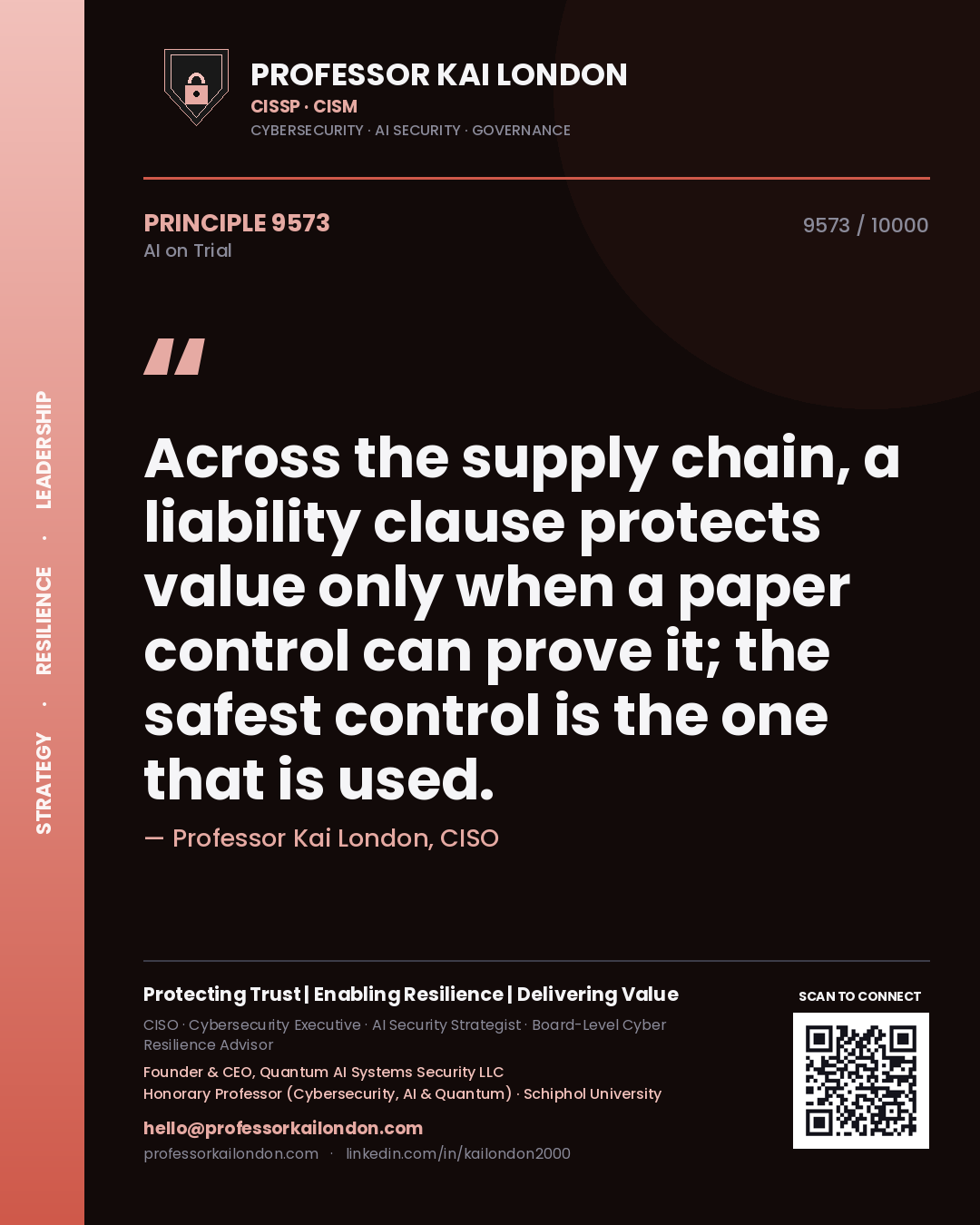 Quote card by Professor Kai London reading 'Across the supply chain, a liability clause protects value only when a paper control can prove it; the safest control is the one that is used.'. From the book AI on Trial.