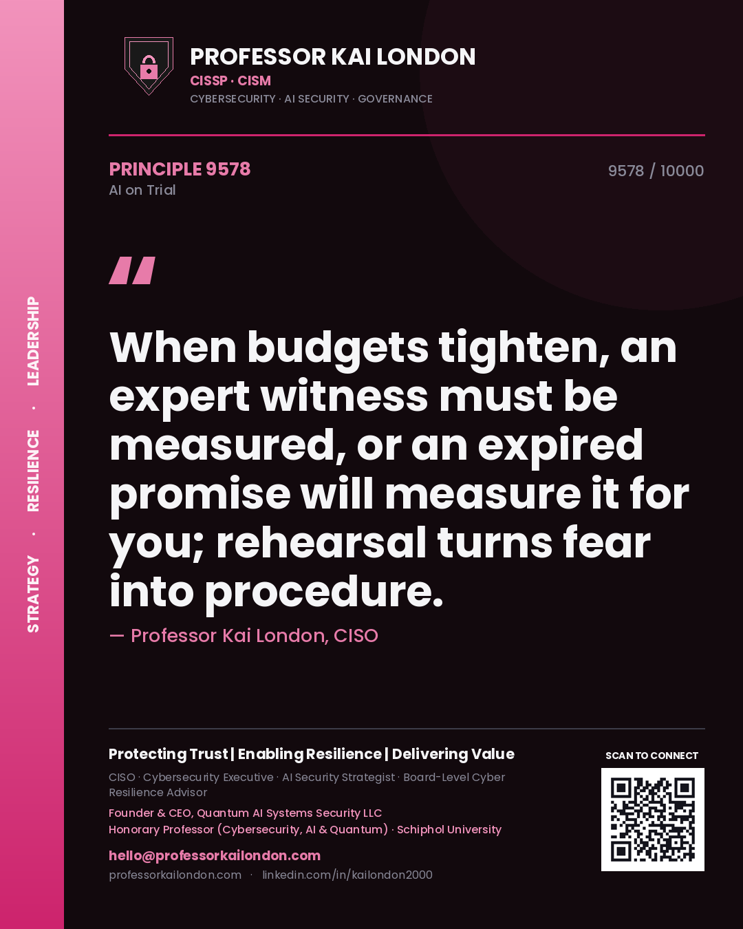 Quote card by Professor Kai London reading 'When budgets tighten, an expert witness must be measured, or an expired promise will measure it for you; rehearsal turns fear into procedure.'. From the book AI on Trial.