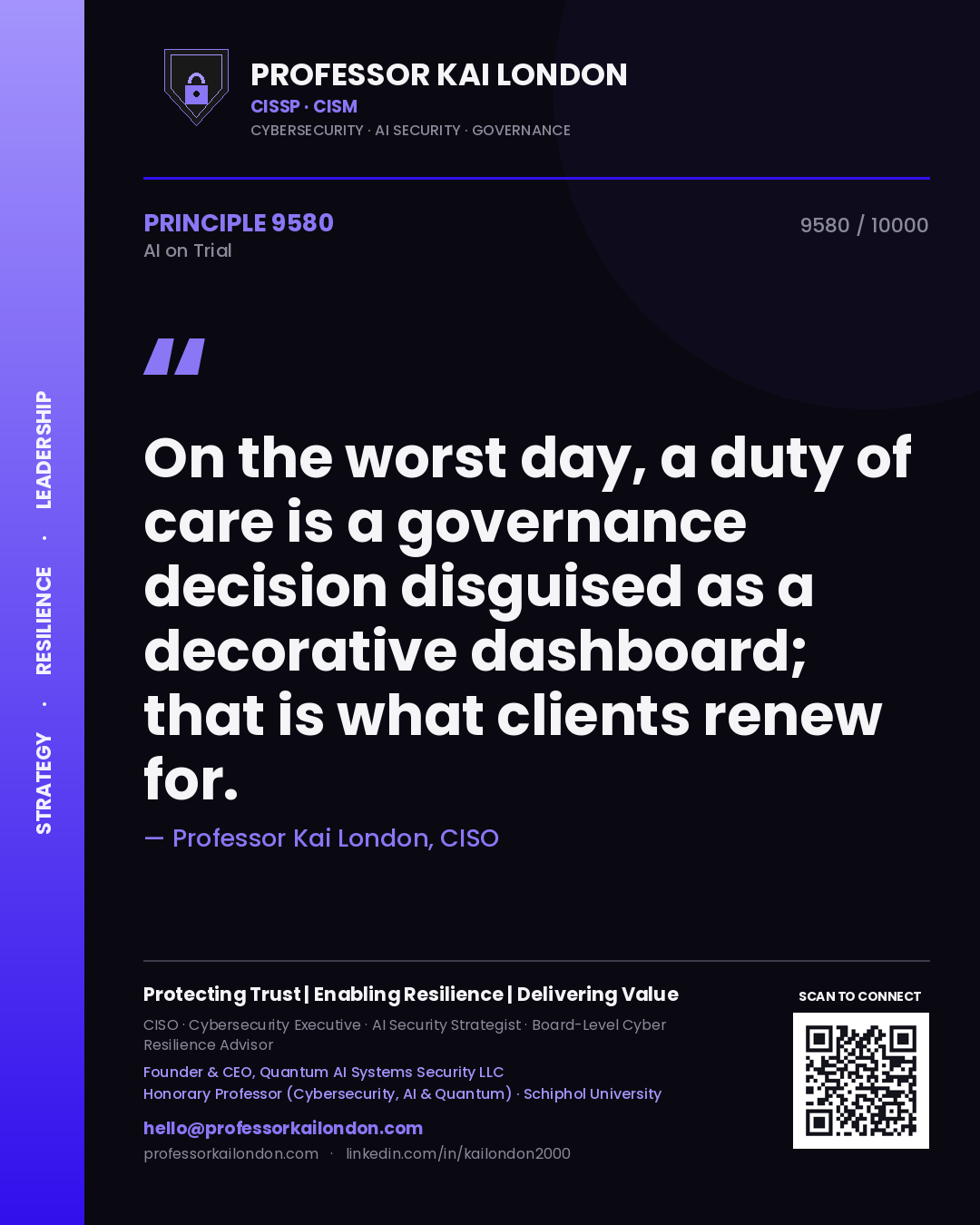 Professor Kai London principle 9580: On the worst day, a duty of care is a governance decision disguised as a decorative dashboard; that is what clients renew for.