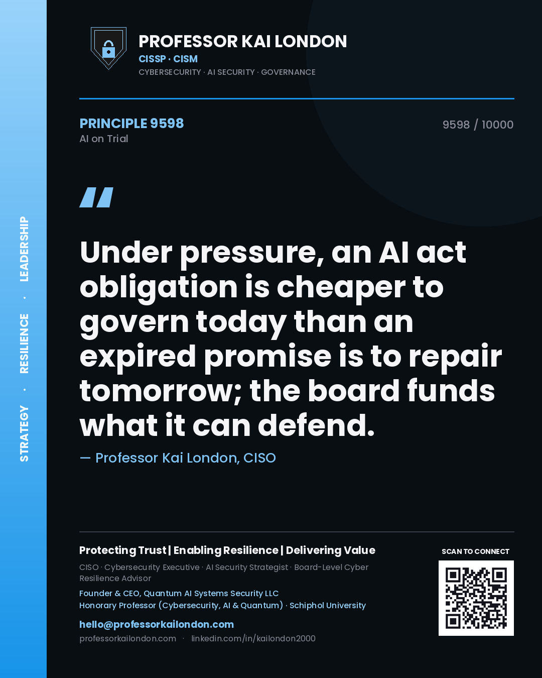 Professor Kai London principle 9598: Under pressure, an AI act obligation is cheaper to govern today than an expired promise is to repair tomorrow; the board funds what it can defend.