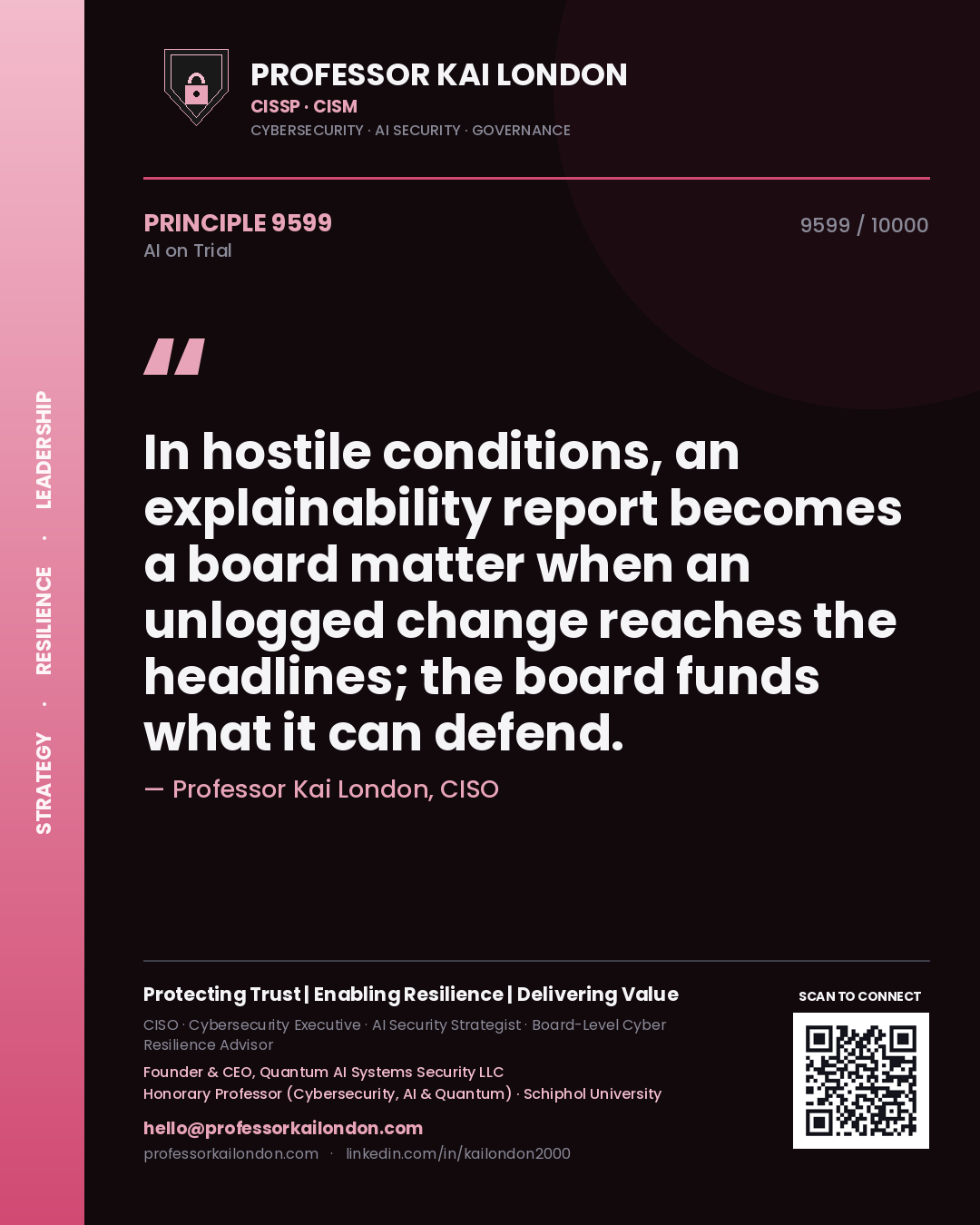 Quote card by Professor Kai London reading 'In hostile conditions, an explainability report becomes a board matter when an unlogged change reaches the headlines; the board funds what it can defend.'. From the book AI on Trial.