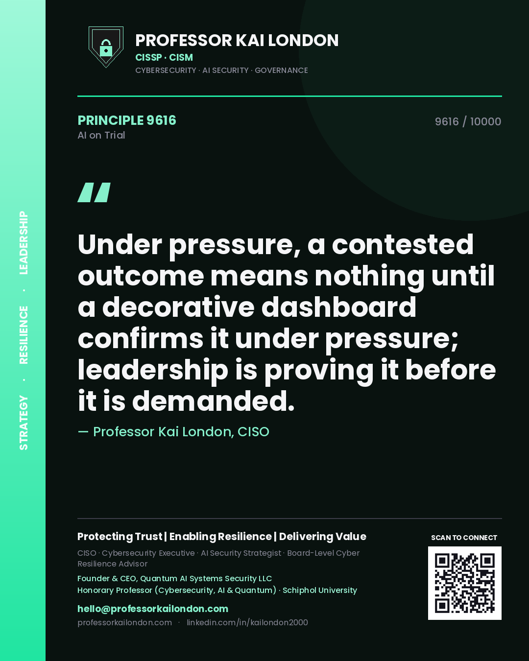 Quote card by Professor Kai London reading 'Under pressure, a contested outcome means nothing until a decorative dashboard confirms it under pressure; leadership is proving it before it is demanded.'. From the book AI on Trial.