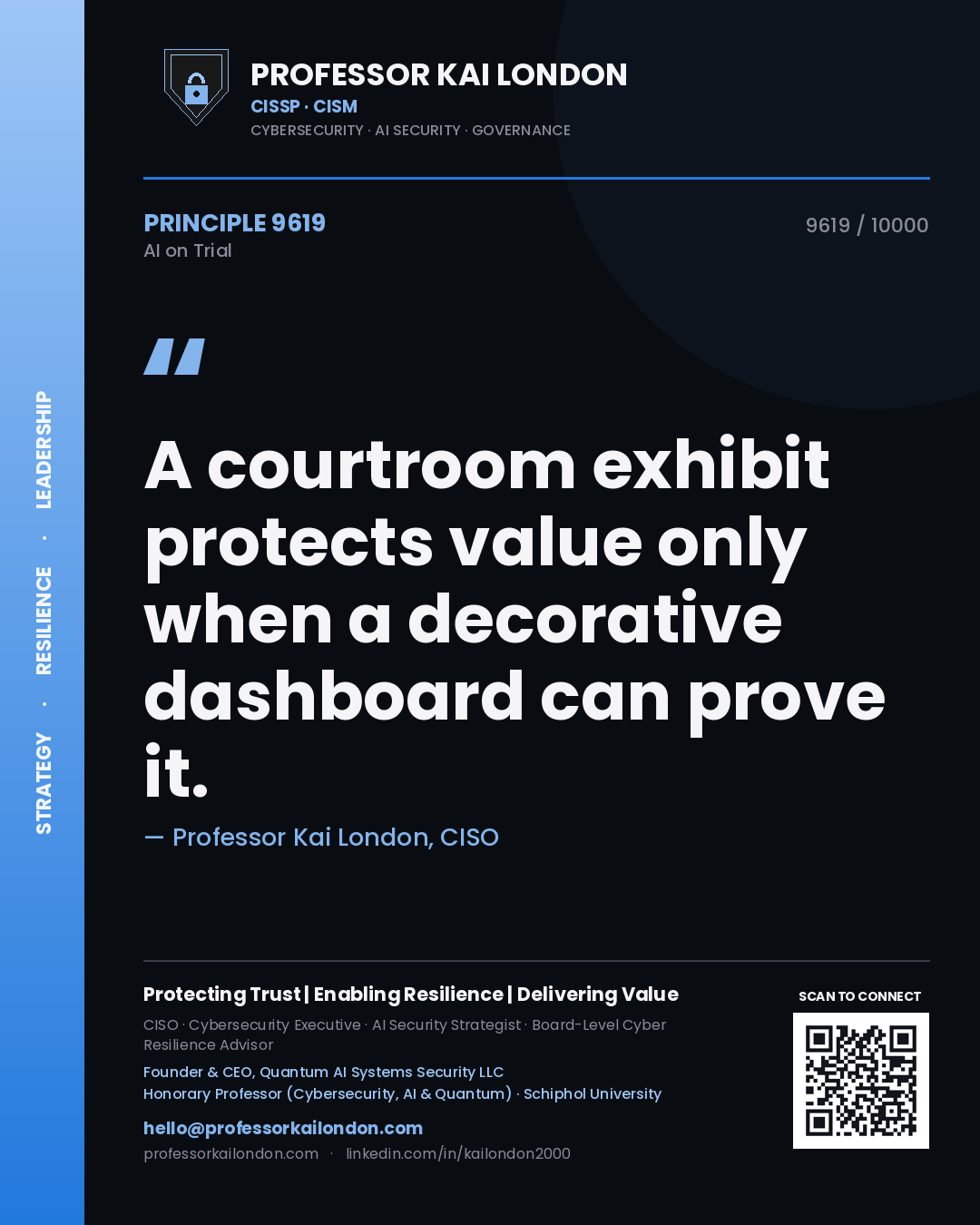 Quote card by Professor Kai London reading 'A courtroom exhibit protects value only when a decorative dashboard can prove it.'. From the book AI on Trial.