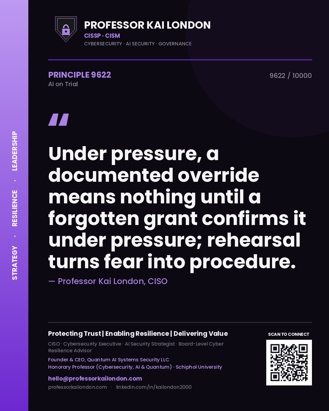 Professor Kai London principle 9622: Under pressure, a documented override means nothing until a forgotten grant confirms it under pressure; rehearsal turns fear into procedure.