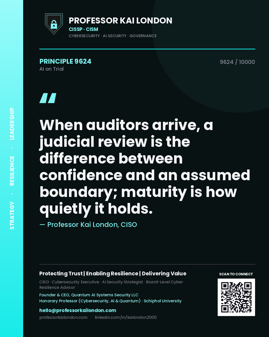 Professor Kai London principle 9624: When auditors arrive, a judicial review is the difference between confidence and an assumed boundary; maturity is how quietly it holds.