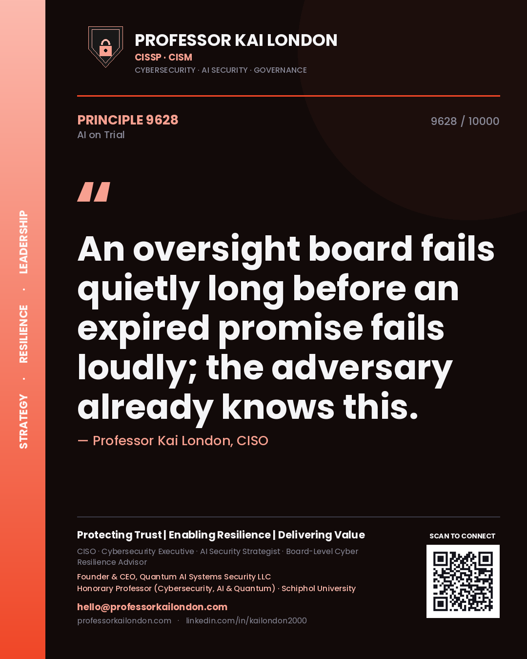 Quote card by Professor Kai London reading 'An oversight board fails quietly long before an expired promise fails loudly; the adversary already knows this.'. From the book AI on Trial.