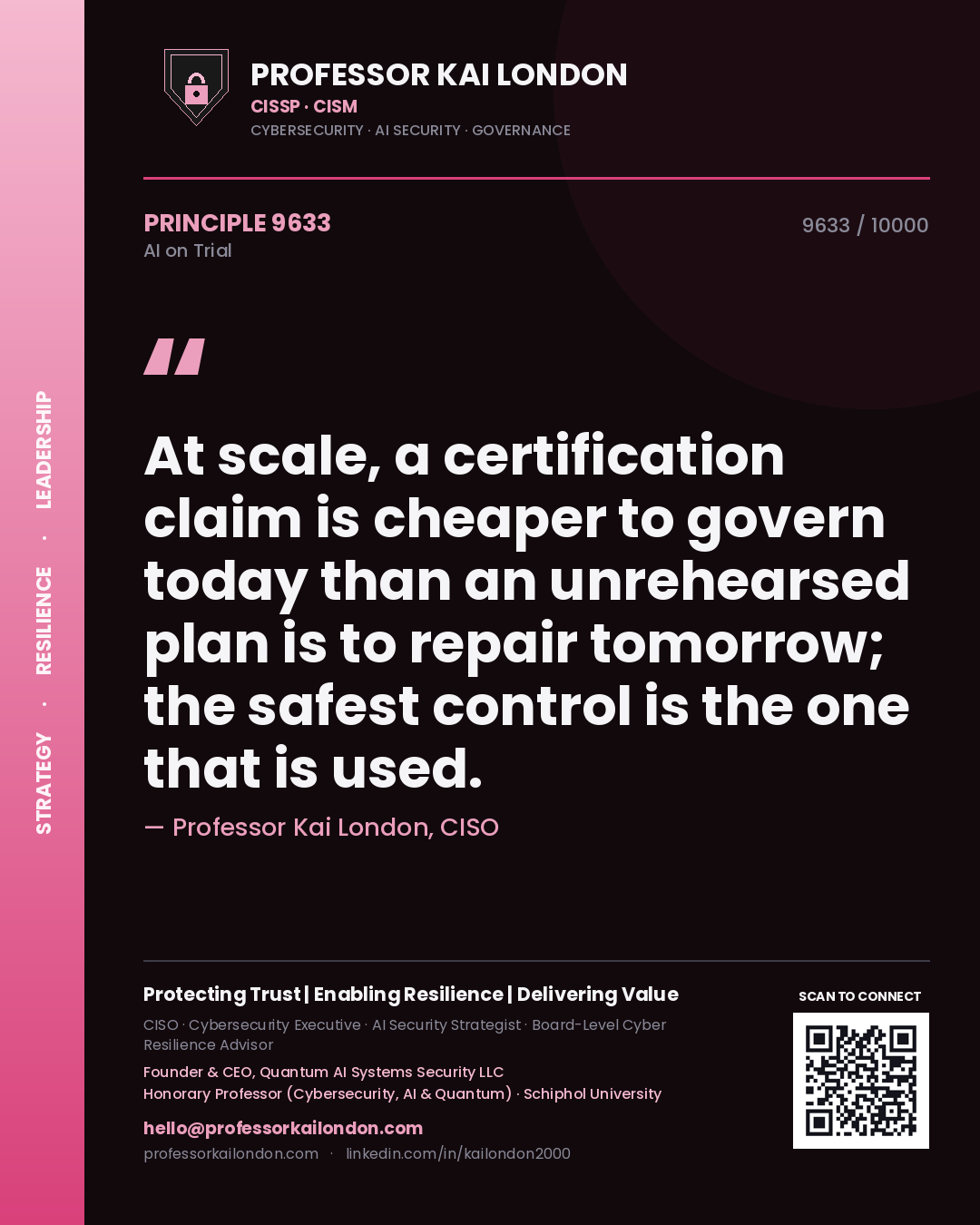 Professor Kai London principle 9633: At scale, a certification claim is cheaper to govern today than an unrehearsed plan is to repair tomorrow; the safest control is the one that is used.