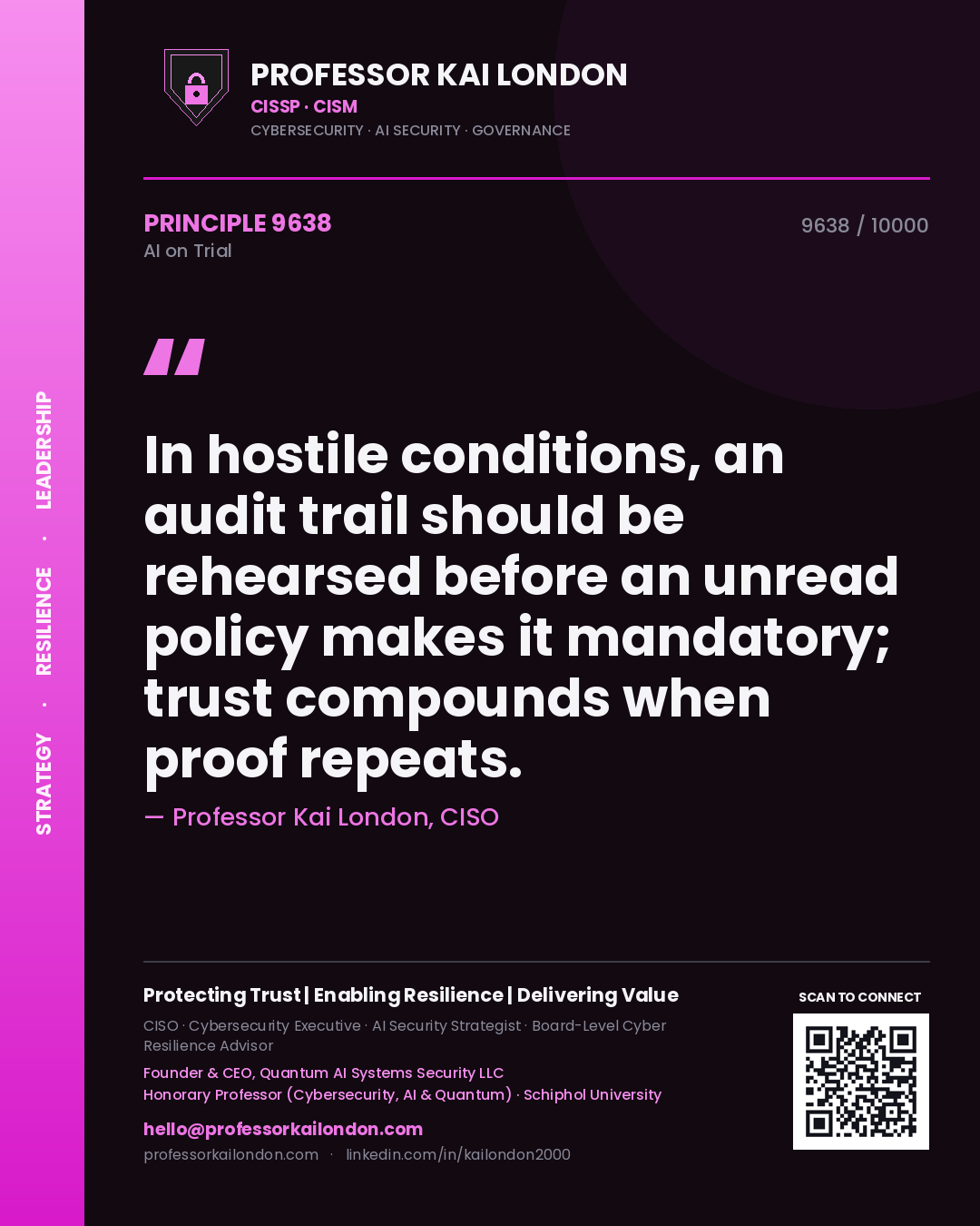 Quote card by Professor Kai London reading 'In hostile conditions, an audit trail should be rehearsed before an unread policy makes it mandatory; trust compounds when proof repeats.'. From the book AI on Trial.