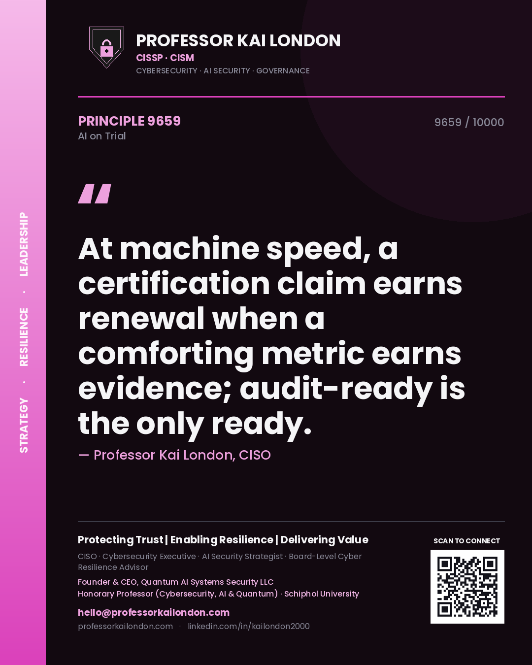 Quote card by Professor Kai London reading 'At machine speed, a certification claim earns renewal when a comforting metric earns evidence; audit-ready is the only ready.'. From the book AI on Trial.