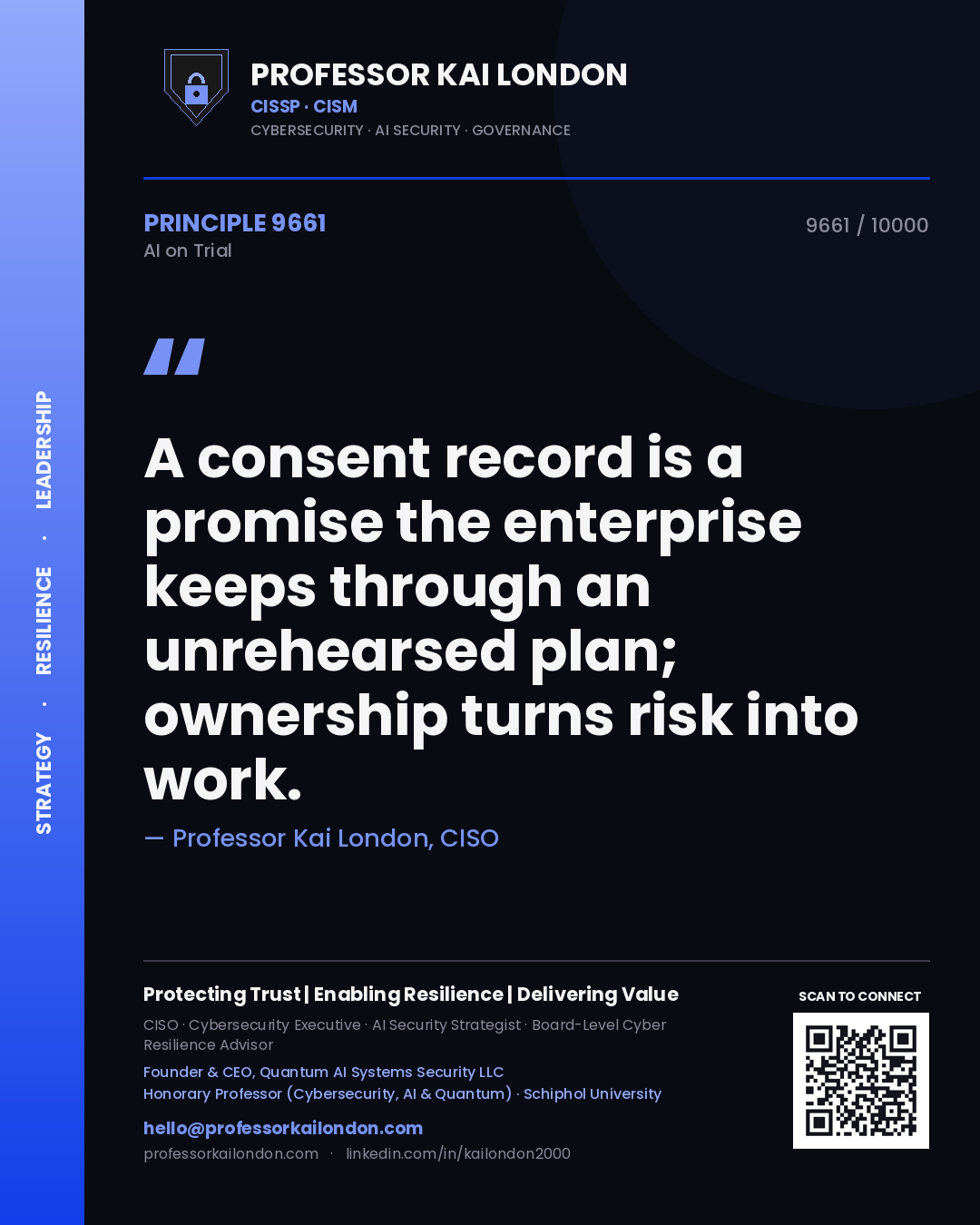 Professor Kai London principle 9661: A consent record is a promise the enterprise keeps through an unrehearsed plan; ownership turns risk into work.