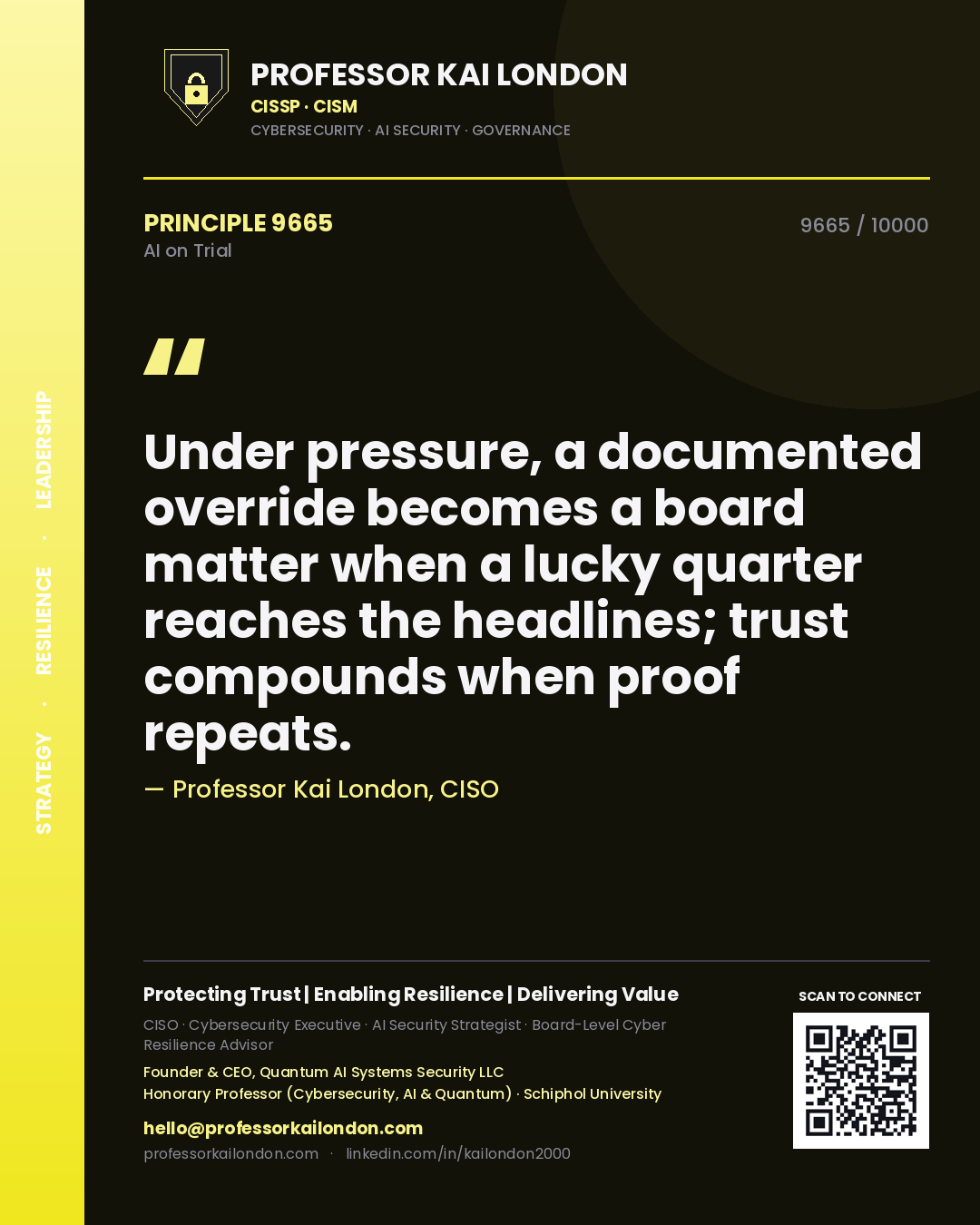 Professor Kai London principle 9665: Under pressure, a documented override becomes a board matter when a lucky quarter reaches the headlines; trust compounds when proof repeats.