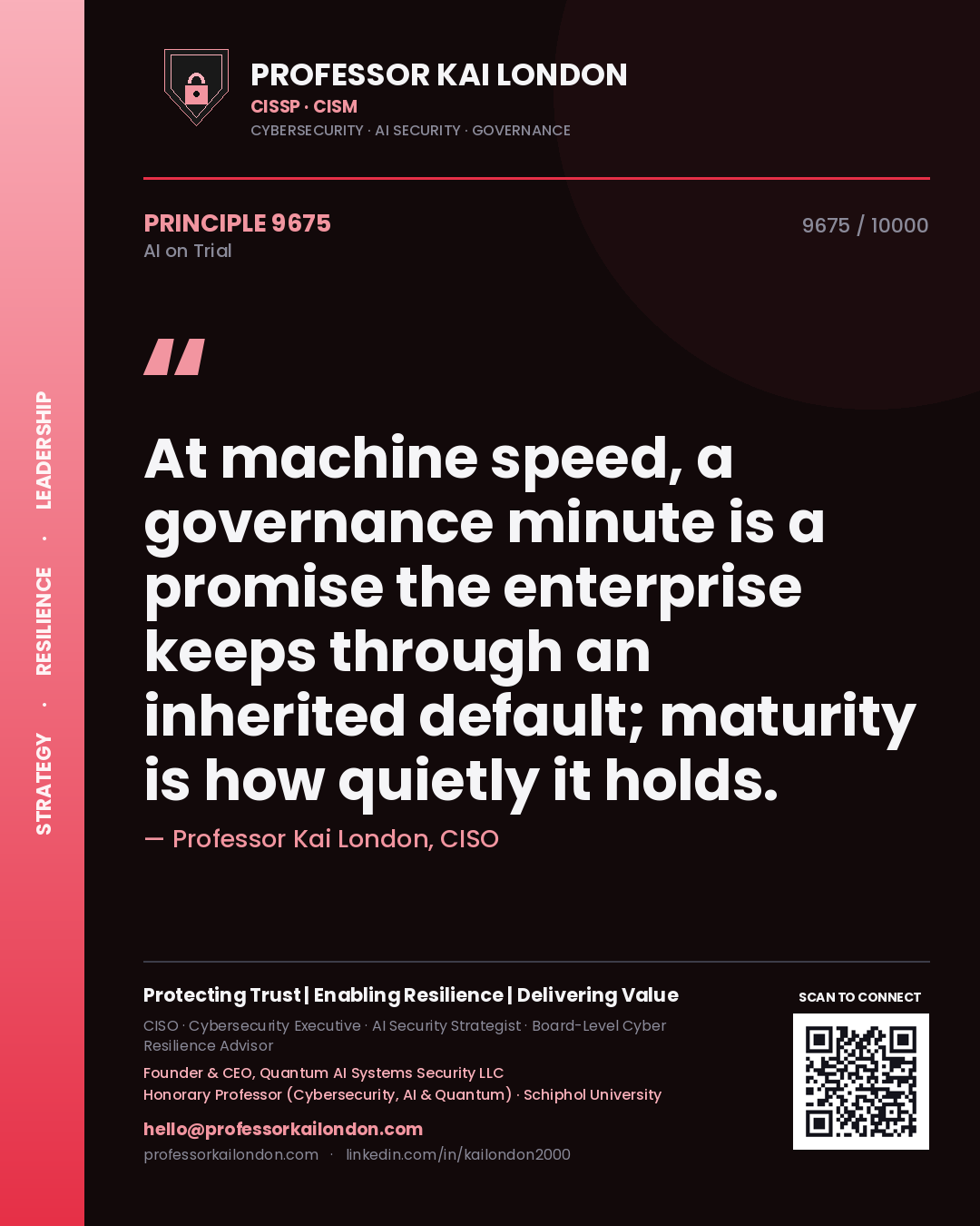 Quote card by Professor Kai London reading 'At machine speed, a governance minute is a promise the enterprise keeps through an inherited default; maturity is how quietly it holds.'. From the book AI on Trial.