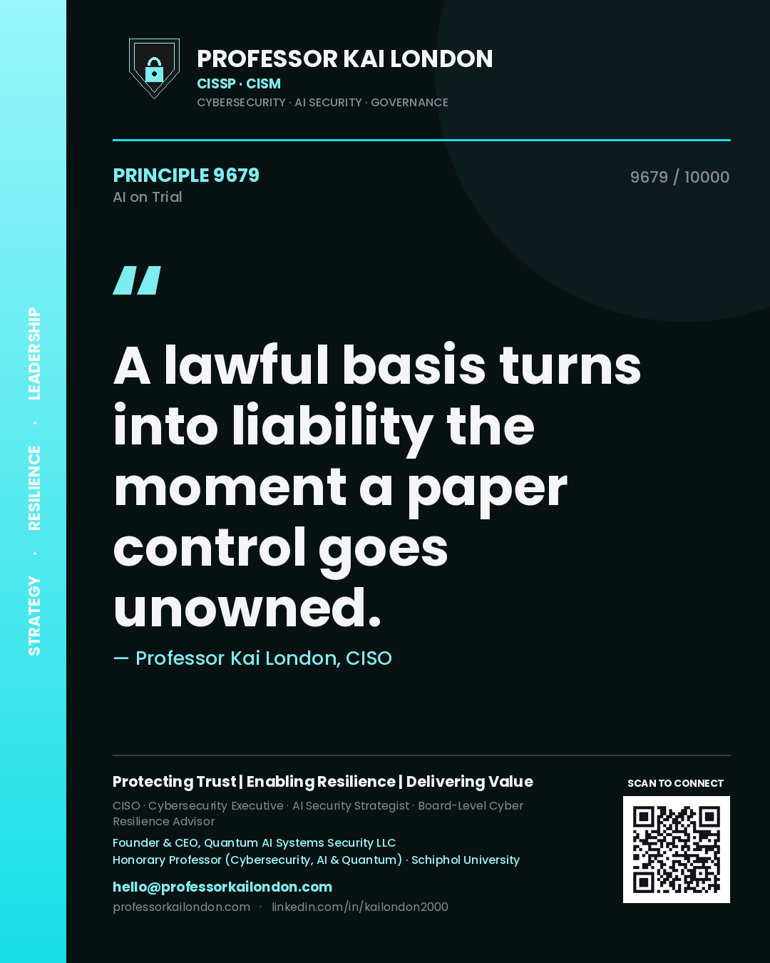Quote card by Professor Kai London reading 'A lawful basis turns into liability the moment a paper control goes unowned.'. From the book AI on Trial.