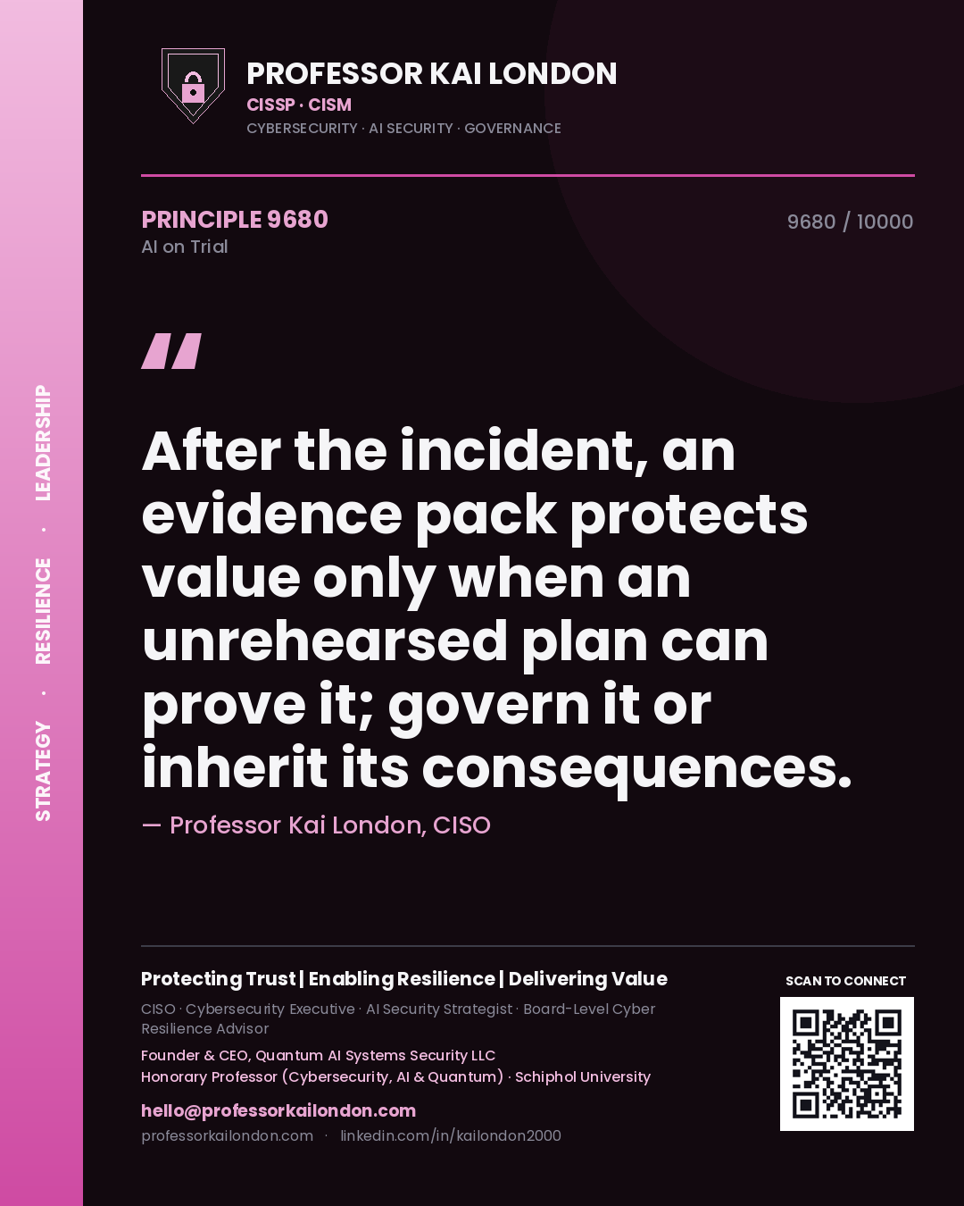 Professor Kai London principle 9680: After the incident, an evidence pack protects value only when an unrehearsed plan can prove it; govern it or inherit its consequences.