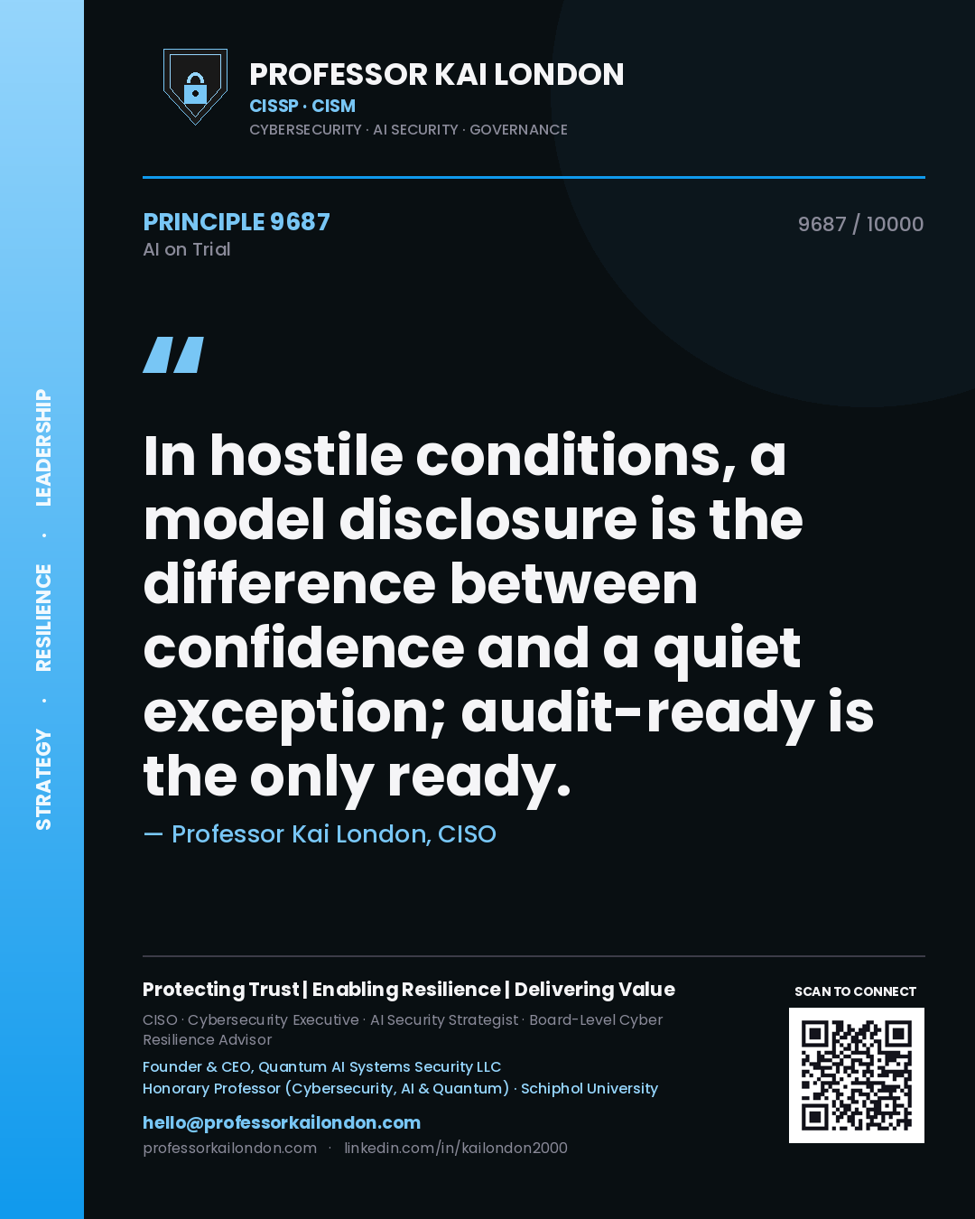 Professor Kai London principle 9687: In hostile conditions, a model disclosure is the difference between confidence and a quiet exception; audit-ready is the only ready.
