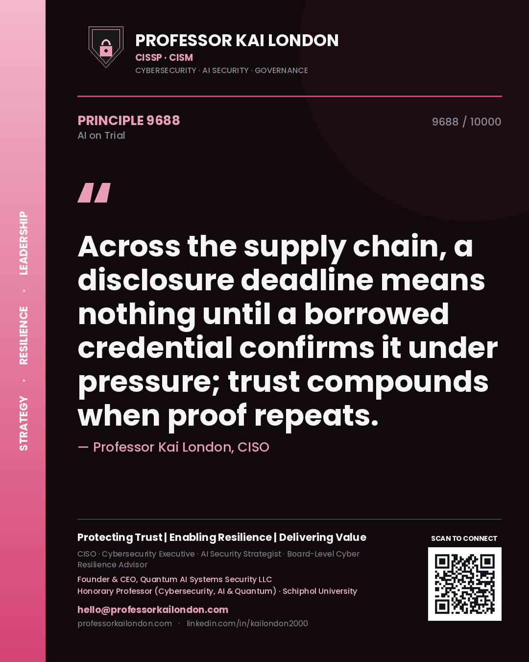 Professor Kai London principle 9688: Across the supply chain, a disclosure deadline means nothing until a borrowed credential confirms it under pressure; trust compounds when proof repeats.