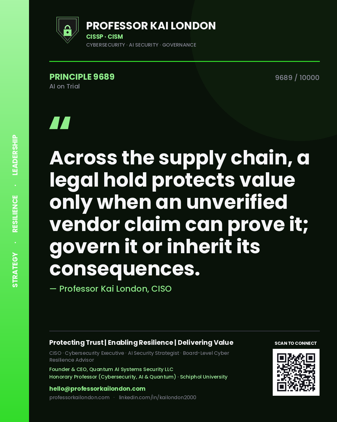 Professor Kai London principle 9689: Across the supply chain, a legal hold protects value only when an unverified vendor claim can prove it; govern it or inherit its consequences.