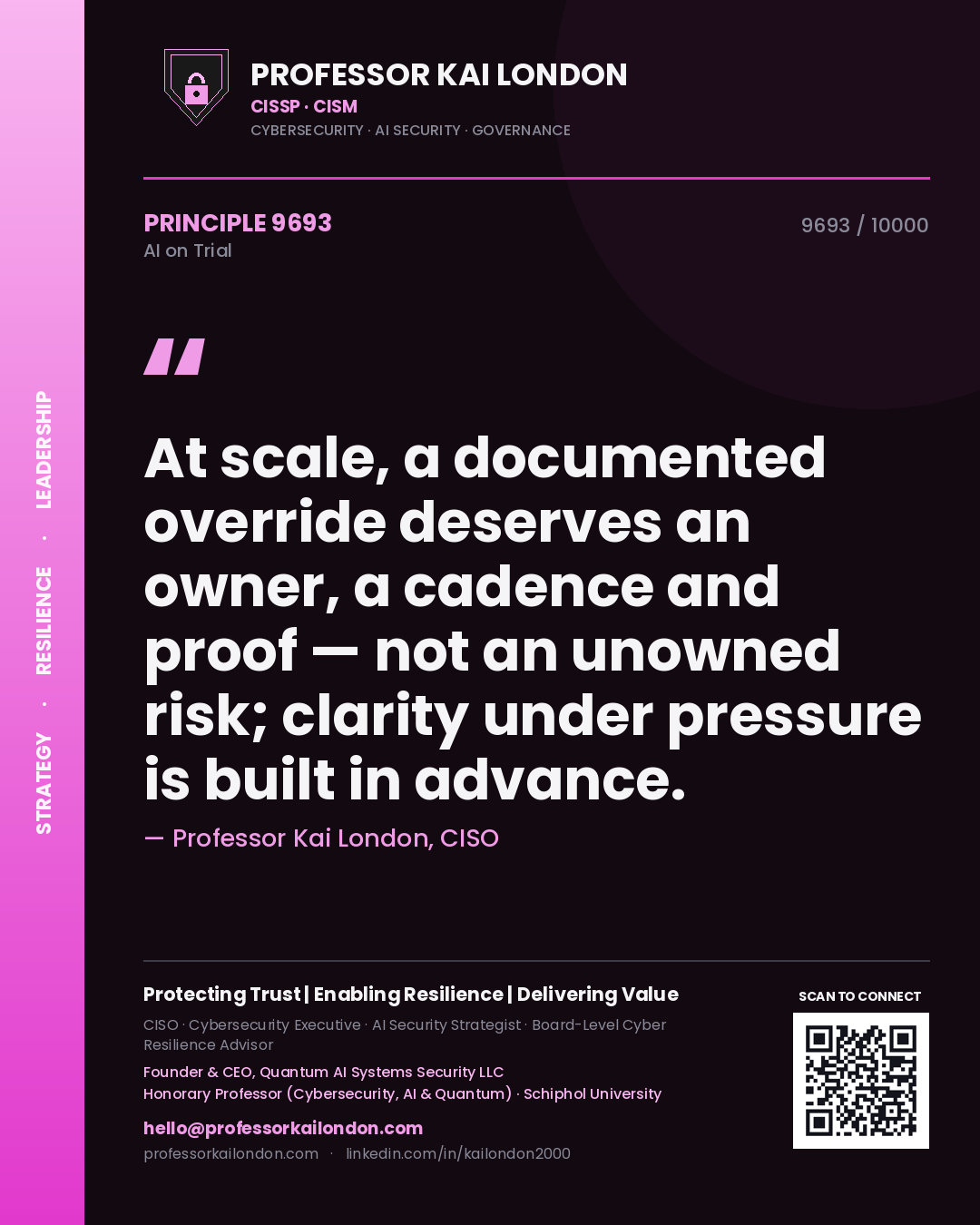 Quote card by Professor Kai London reading 'At scale, a documented override deserves an owner, a cadence and proof — not an unowned risk; clarity under pressure is built in advance.'. From the book AI on Trial.