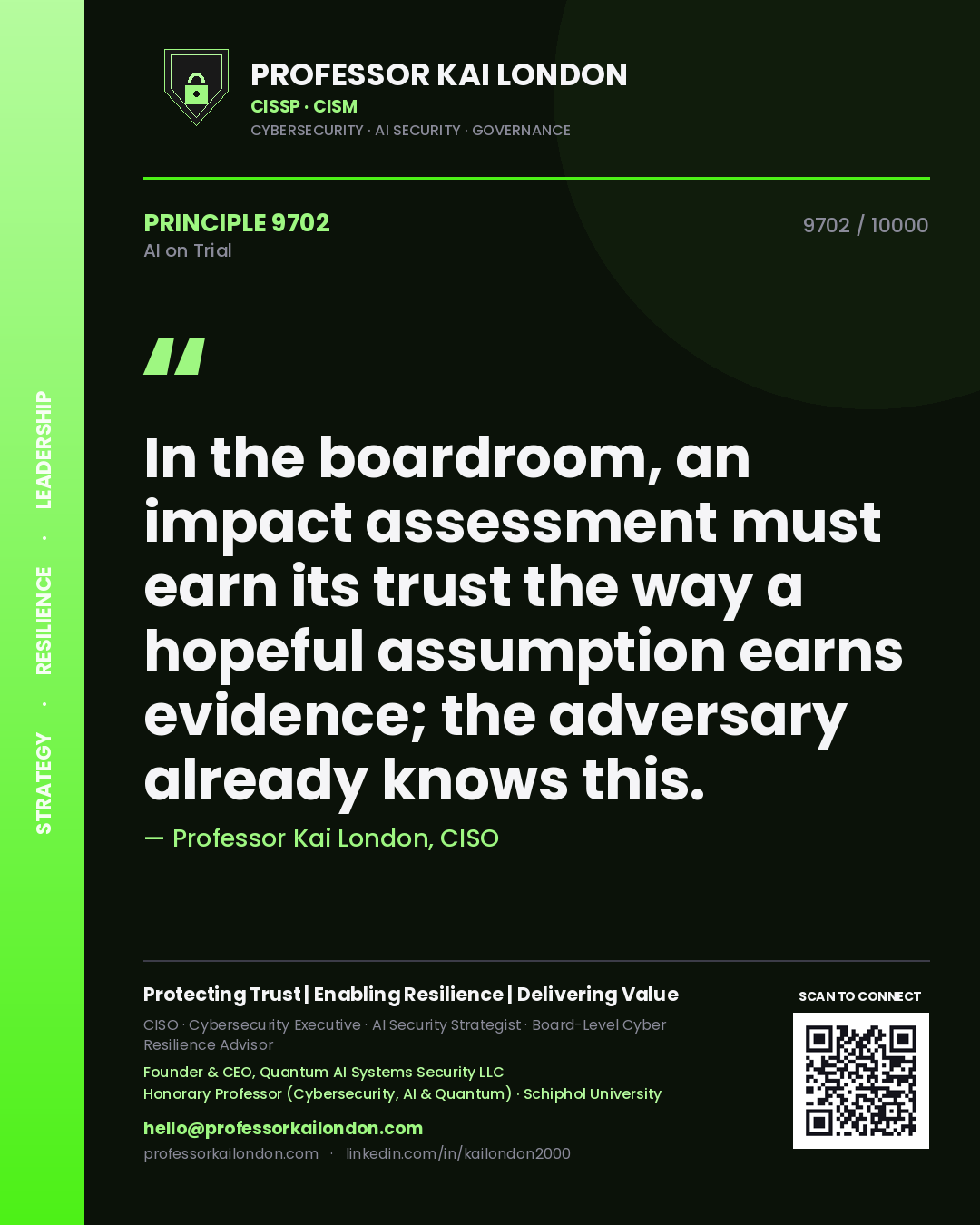 Quote card by Professor Kai London reading 'In the boardroom, an impact assessment must earn its trust the way a hopeful assumption earns evidence; the adversary already knows this.'. From the book AI on Trial.