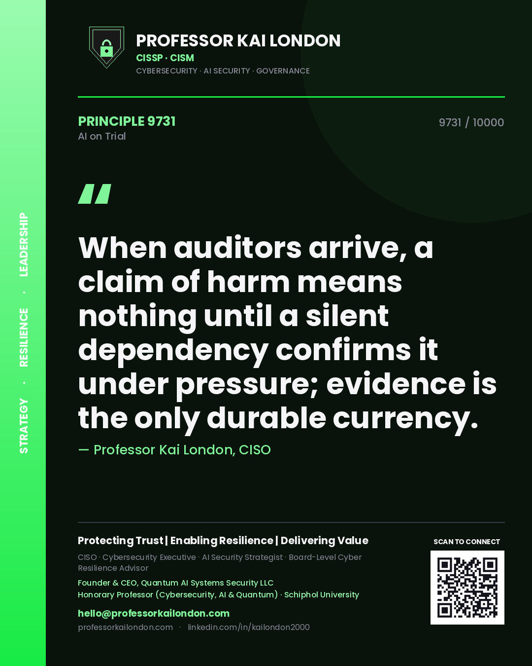 Quote card by Professor Kai London reading 'When auditors arrive, a claim of harm means nothing until a silent dependency confirms it under pressure; evidence is the only durable currency.'. From the book AI on Trial.