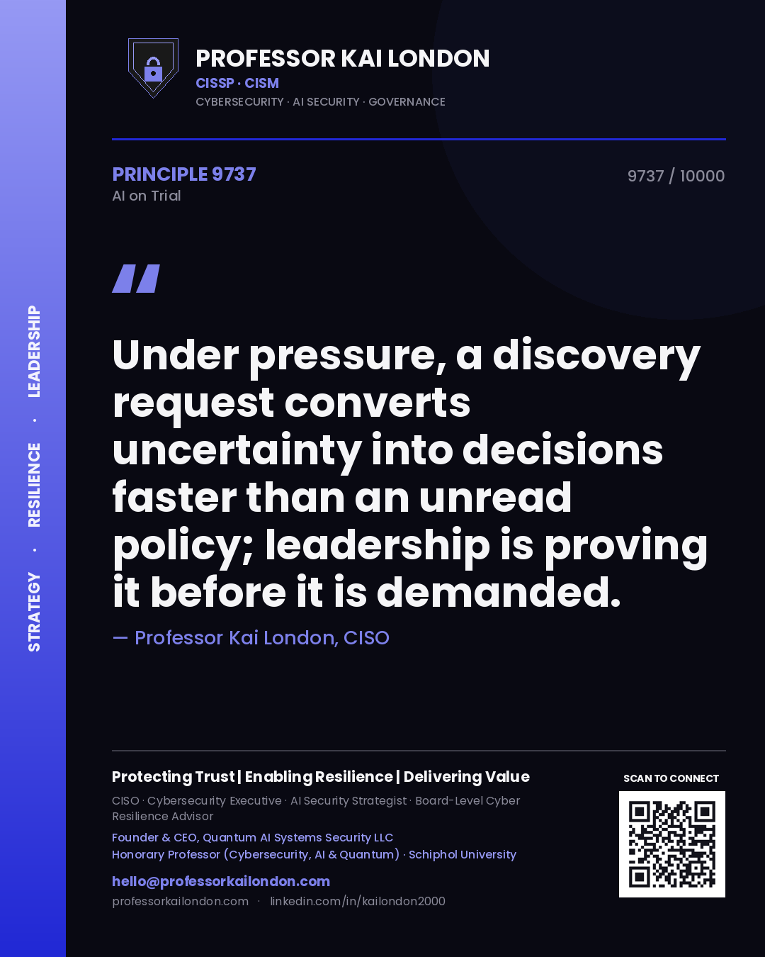 Professor Kai London principle 9737: Under pressure, a discovery request converts uncertainty into decisions faster than an unread policy; leadership is proving it before it is demanded.