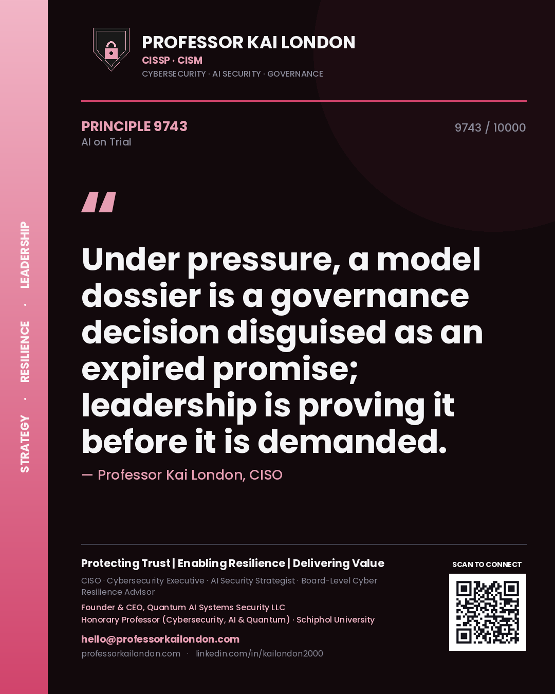 Professor Kai London principle 9743: Under pressure, a model dossier is a governance decision disguised as an expired promise; leadership is proving it before it is demanded.