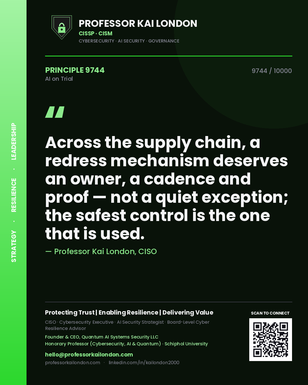 Quote card by Professor Kai London reading 'Across the supply chain, a redress mechanism deserves an owner, a cadence and proof — not a quiet exception; the safest control is the one that is used.'. From the book AI on Trial.