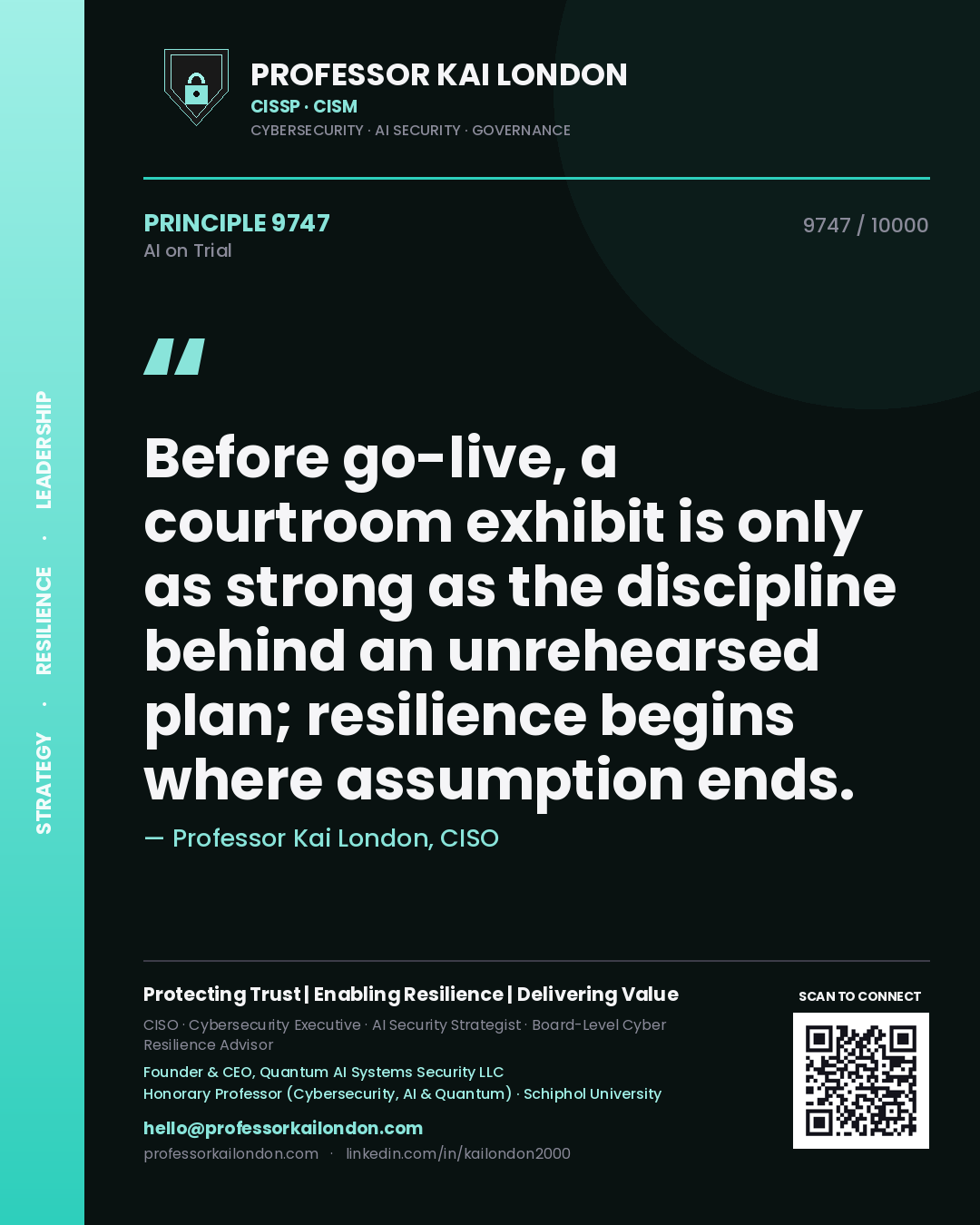 Quote card by Professor Kai London reading 'Before go-live, a courtroom exhibit is only as strong as the discipline behind an unrehearsed plan; resilience begins where assumption ends.'. From the book AI on Trial.