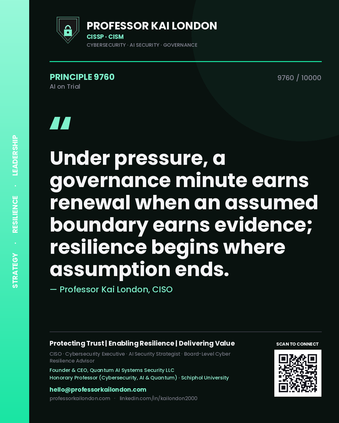 Quote card by Professor Kai London reading 'Under pressure, a governance minute earns renewal when an assumed boundary earns evidence; resilience begins where assumption ends.'. From the book AI on Trial.