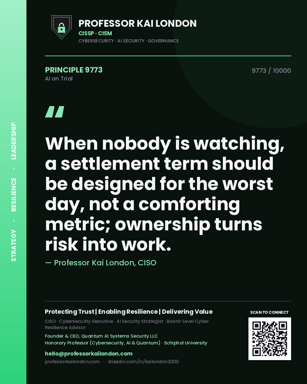 Quote card by Professor Kai London reading 'When nobody is watching, a settlement term should be designed for the worst day, not a comforting metric; ownership turns risk into work.'. From the book AI on Trial.