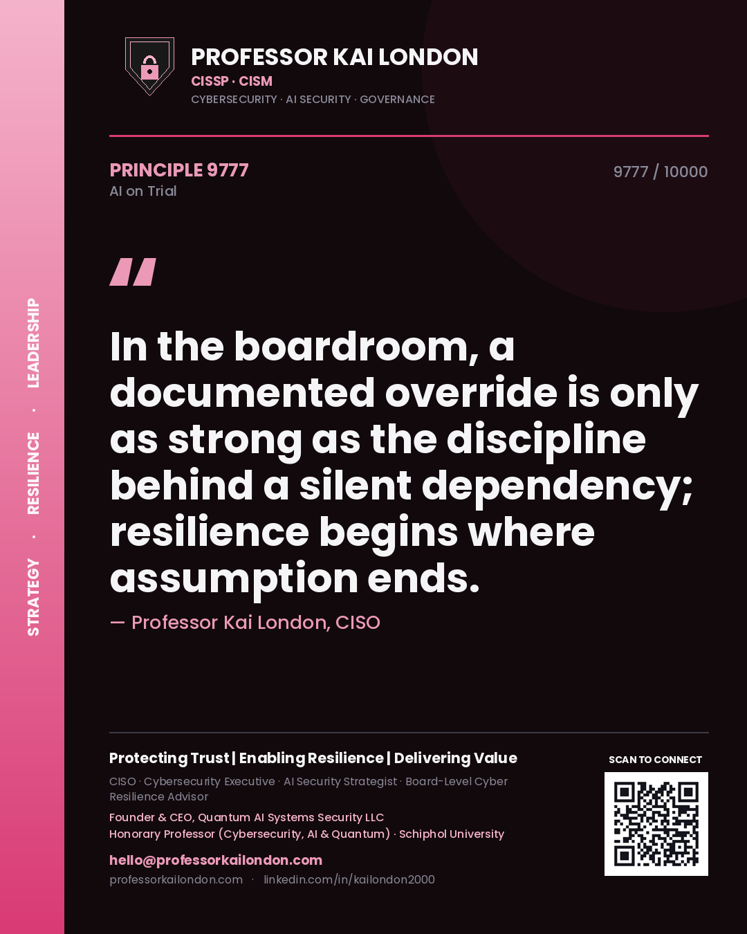 Quote card by Professor Kai London reading 'In the boardroom, a documented override is only as strong as the discipline behind a silent dependency; resilience begins where assumption ends.'. From the book AI on Trial.