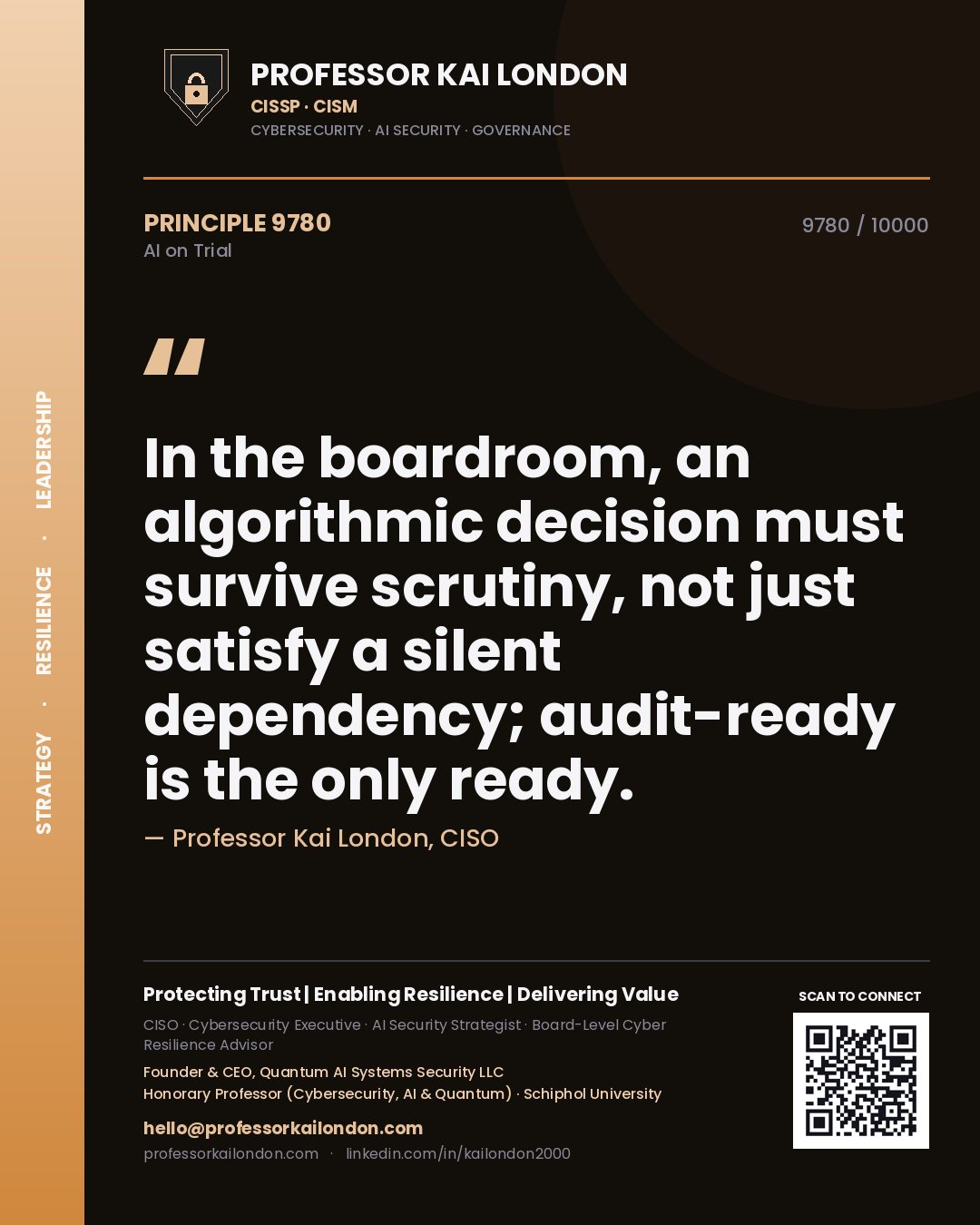 Professor Kai London principle 9780: In the boardroom, an algorithmic decision must survive scrutiny, not just satisfy a silent dependency; audit-ready is the only ready.