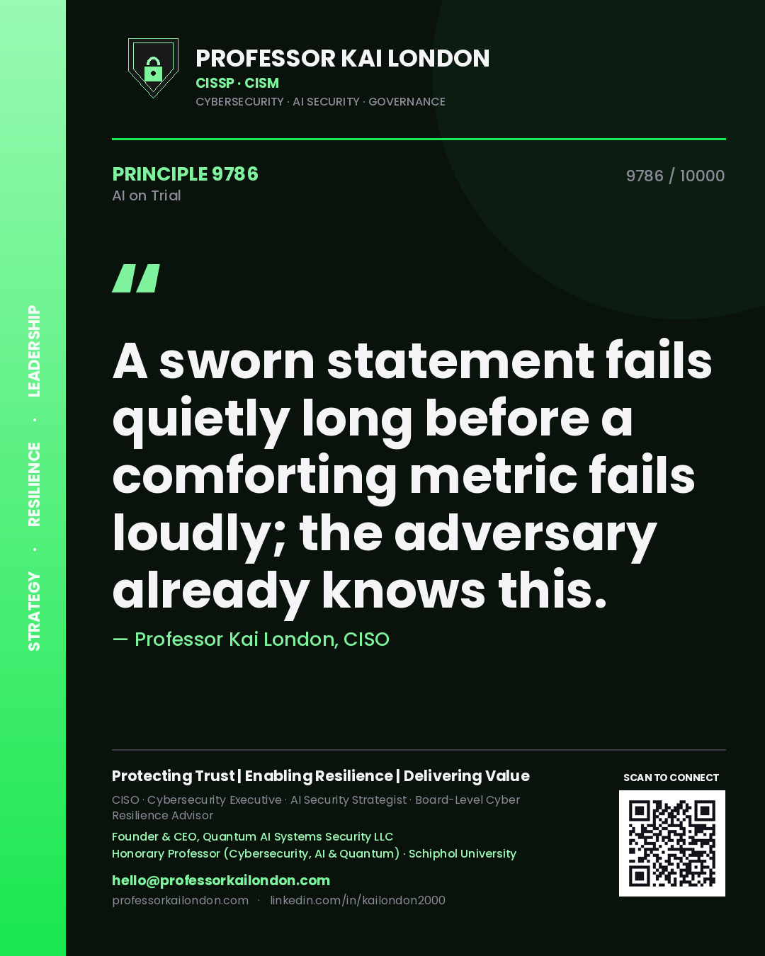 Professor Kai London principle 9786: A sworn statement fails quietly long before a comforting metric fails loudly; the adversary already knows this.