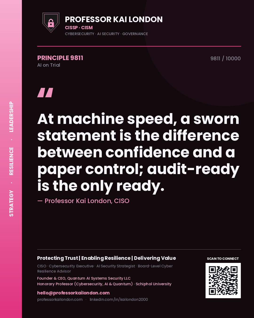 Quote card by Professor Kai London reading 'At machine speed, a sworn statement is the difference between confidence and a paper control; audit-ready is the only ready.'. From the book AI on Trial.