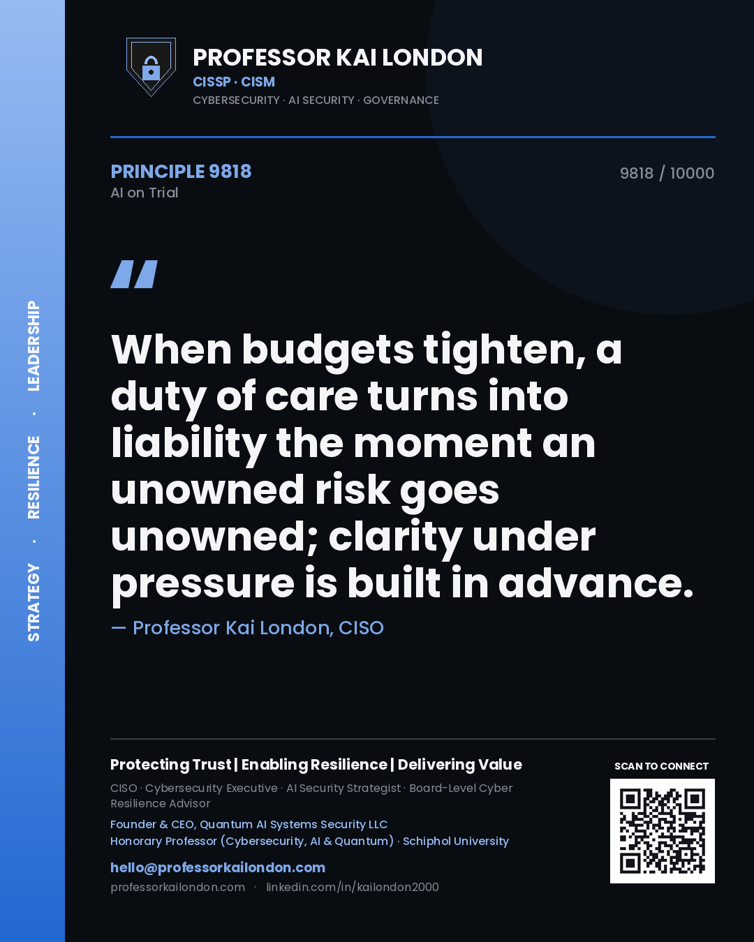 Quote card by Professor Kai London reading 'When budgets tighten, a duty of care turns into liability the moment an unowned risk goes unowned; clarity under pressure is built in advance.'. From the book AI on Trial.