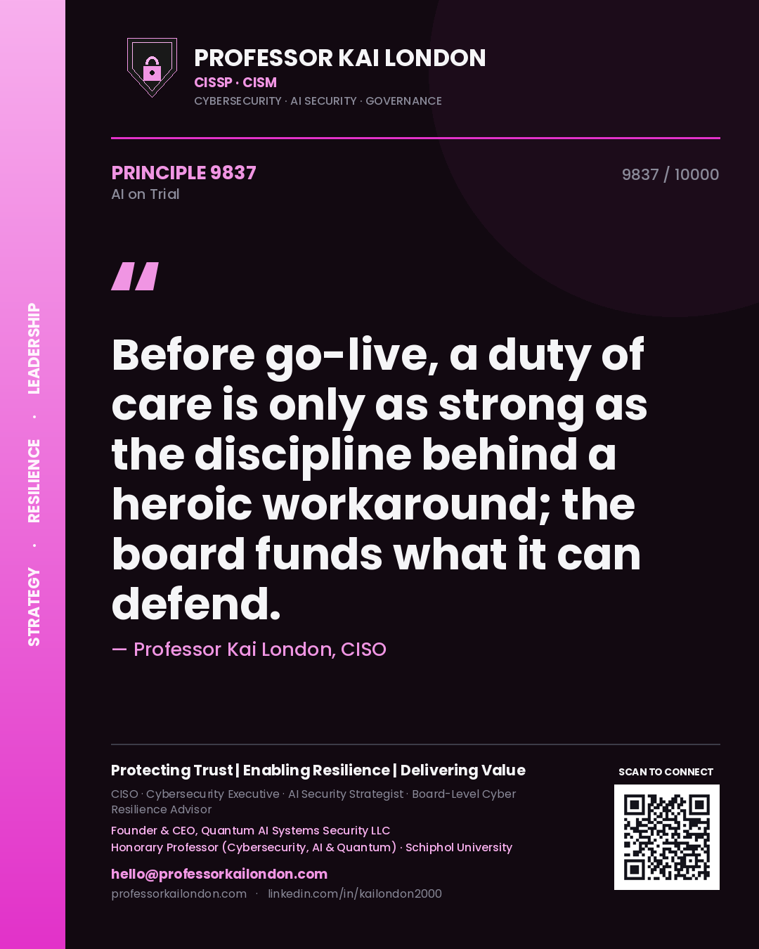 Quote card by Professor Kai London reading 'Before go-live, a duty of care is only as strong as the discipline behind a heroic workaround; the board funds what it can defend.'. From the book AI on Trial.