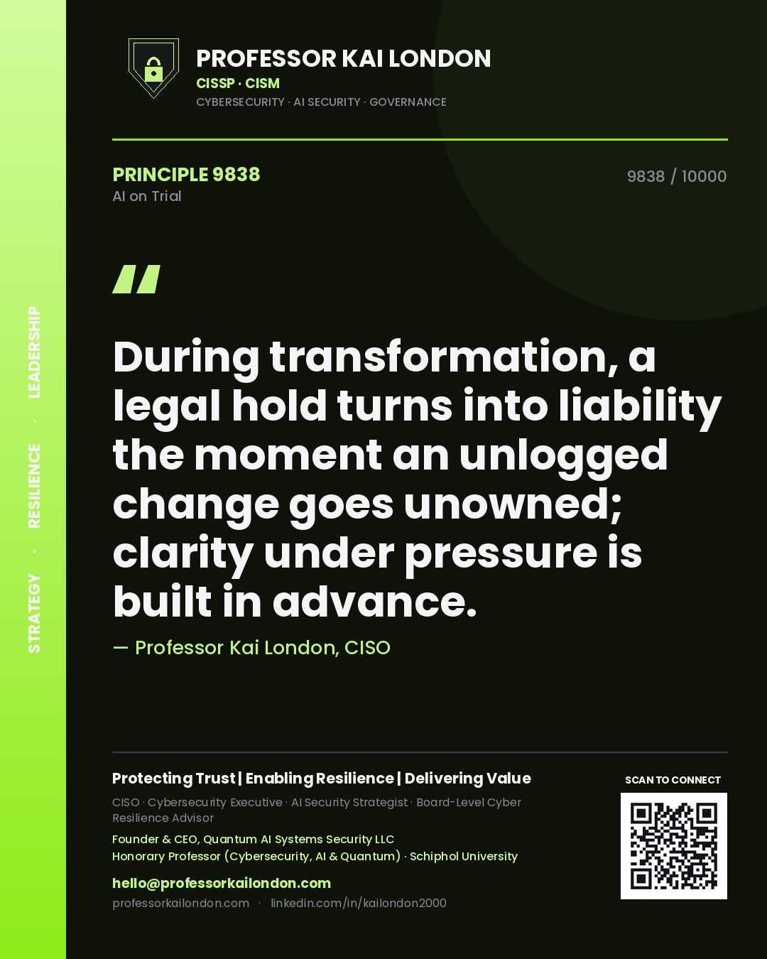 Quote card by Professor Kai London reading 'During transformation, a legal hold turns into liability the moment an unlogged change goes unowned; clarity under pressure is built in advance.'. From the book AI on Trial.