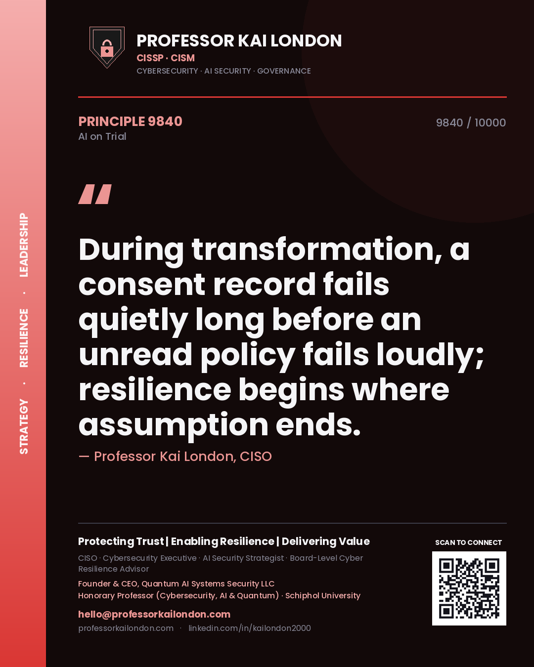 Professor Kai London principle 9840: During transformation, a consent record fails quietly long before an unread policy fails loudly; resilience begins where assumption ends.