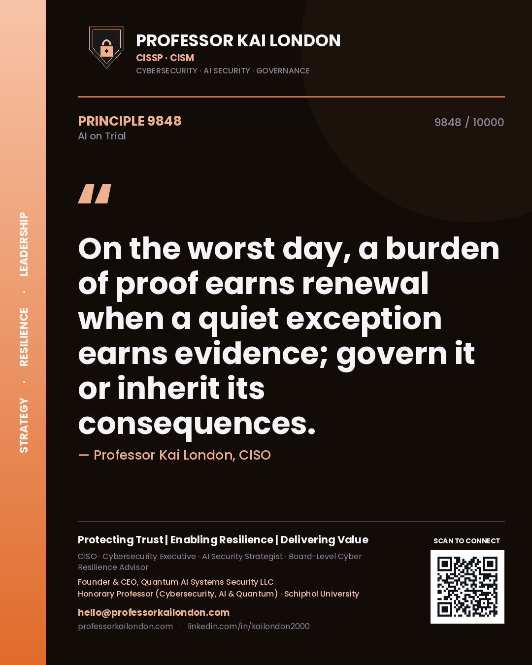Quote card by Professor Kai London reading 'On the worst day, a burden of proof earns renewal when a quiet exception earns evidence; govern it or inherit its consequences.'. From the book AI on Trial.