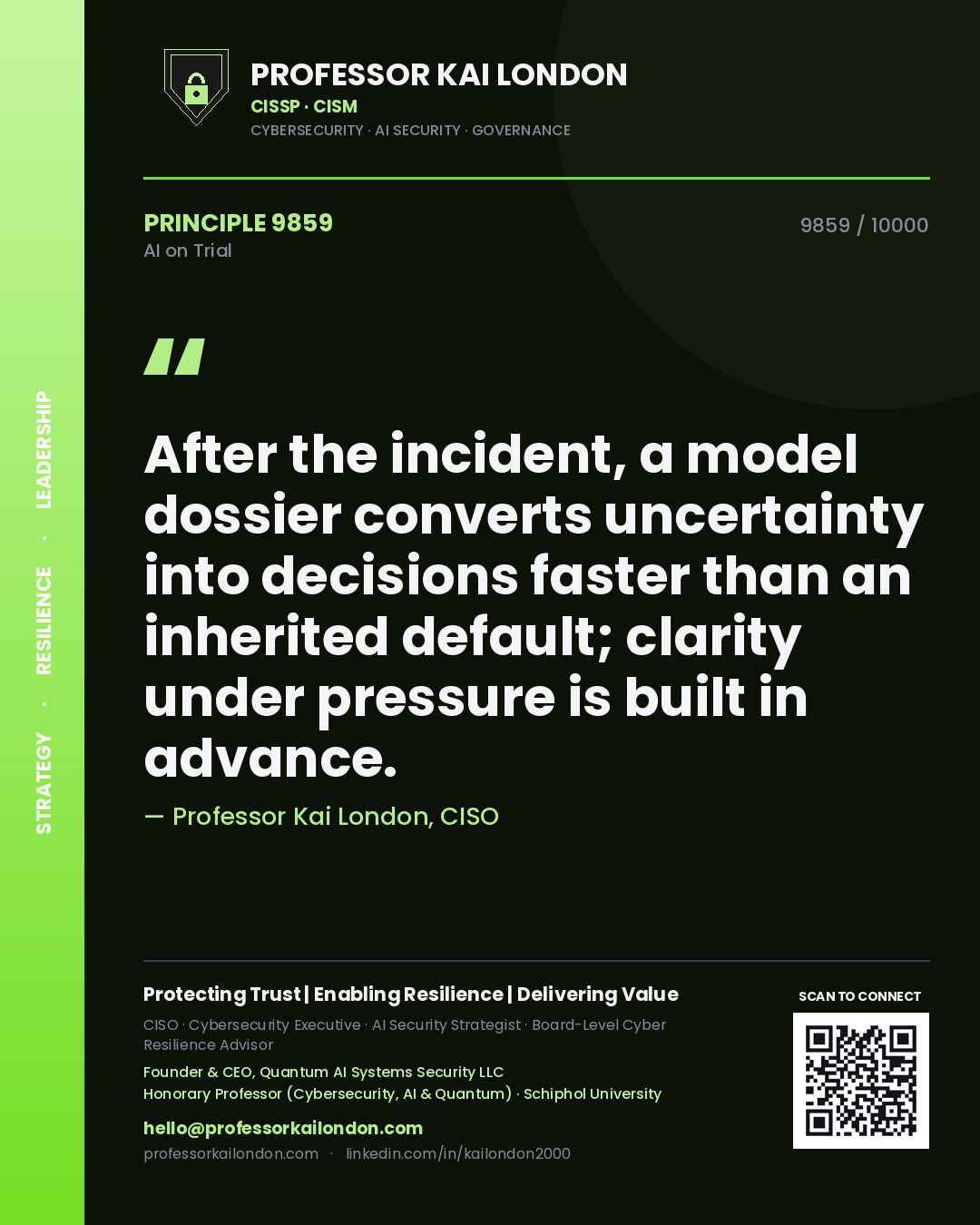 Quote card by Professor Kai London reading 'After the incident, a model dossier converts uncertainty into decisions faster than an inherited default; clarity under pressure is built in advance.'. From the book AI on Trial.
