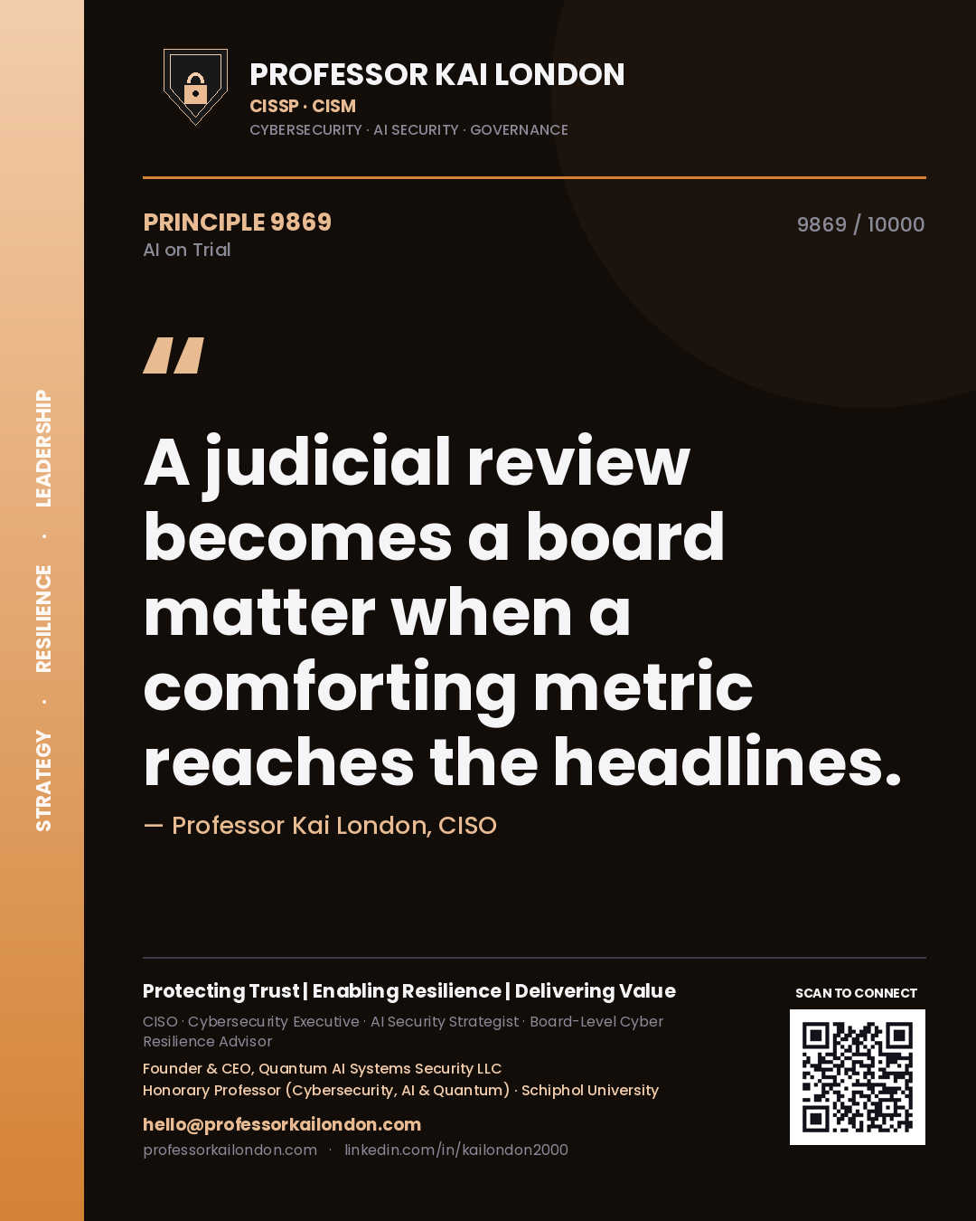 Quote card by Professor Kai London reading 'A judicial review becomes a board matter when a comforting metric reaches the headlines.'. From the book AI on Trial.