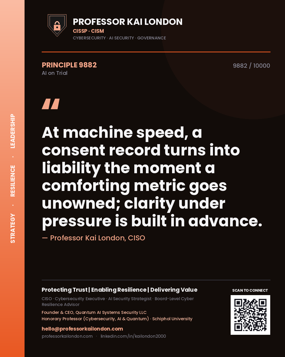 Quote card by Professor Kai London reading 'At machine speed, a consent record turns into liability the moment a comforting metric goes unowned; clarity under pressure is built in advance.'. From the book AI on Trial.
