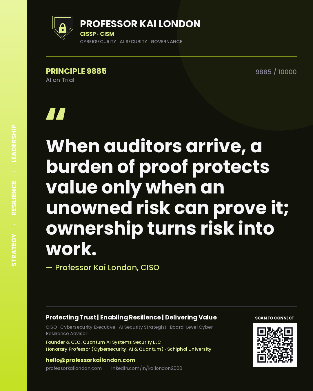 Professor Kai London principle 9885: When auditors arrive, a burden of proof protects value only when an unowned risk can prove it; ownership turns risk into work.