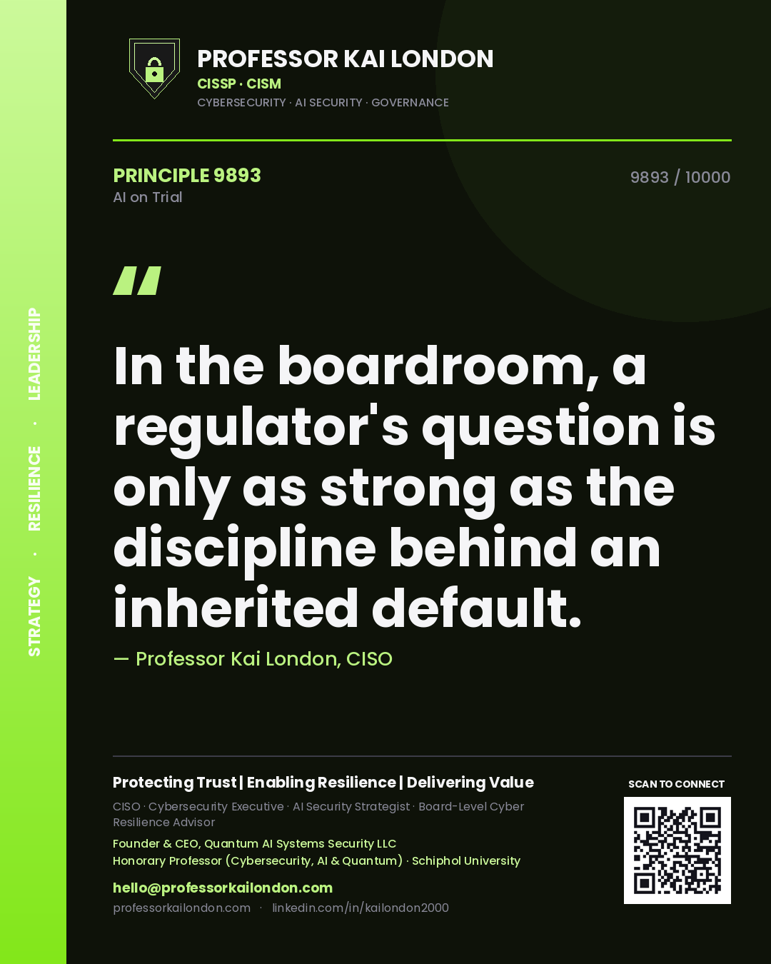 Quote card by Professor Kai London reading 'In the boardroom, a regulator's question is only as strong as the discipline behind an inherited default.'. From the book AI on Trial.
