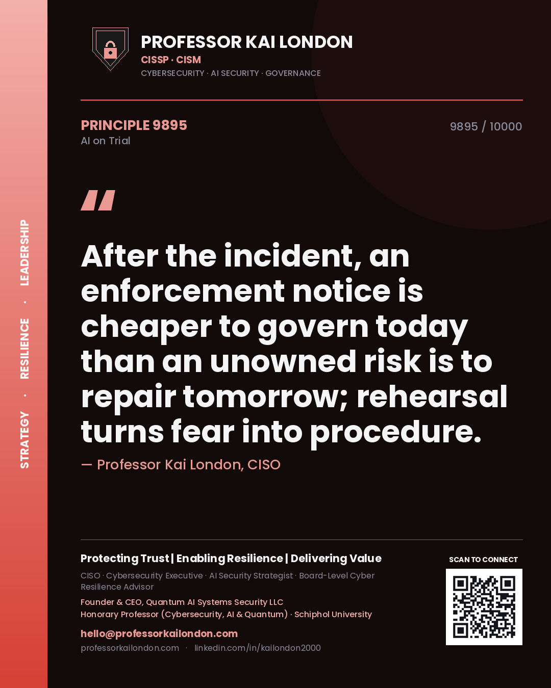 Quote card by Professor Kai London reading 'After the incident, an enforcement notice is cheaper to govern today than an unowned risk is to repair tomorrow; rehearsal turns fear into procedure.'. From the book AI on Trial.