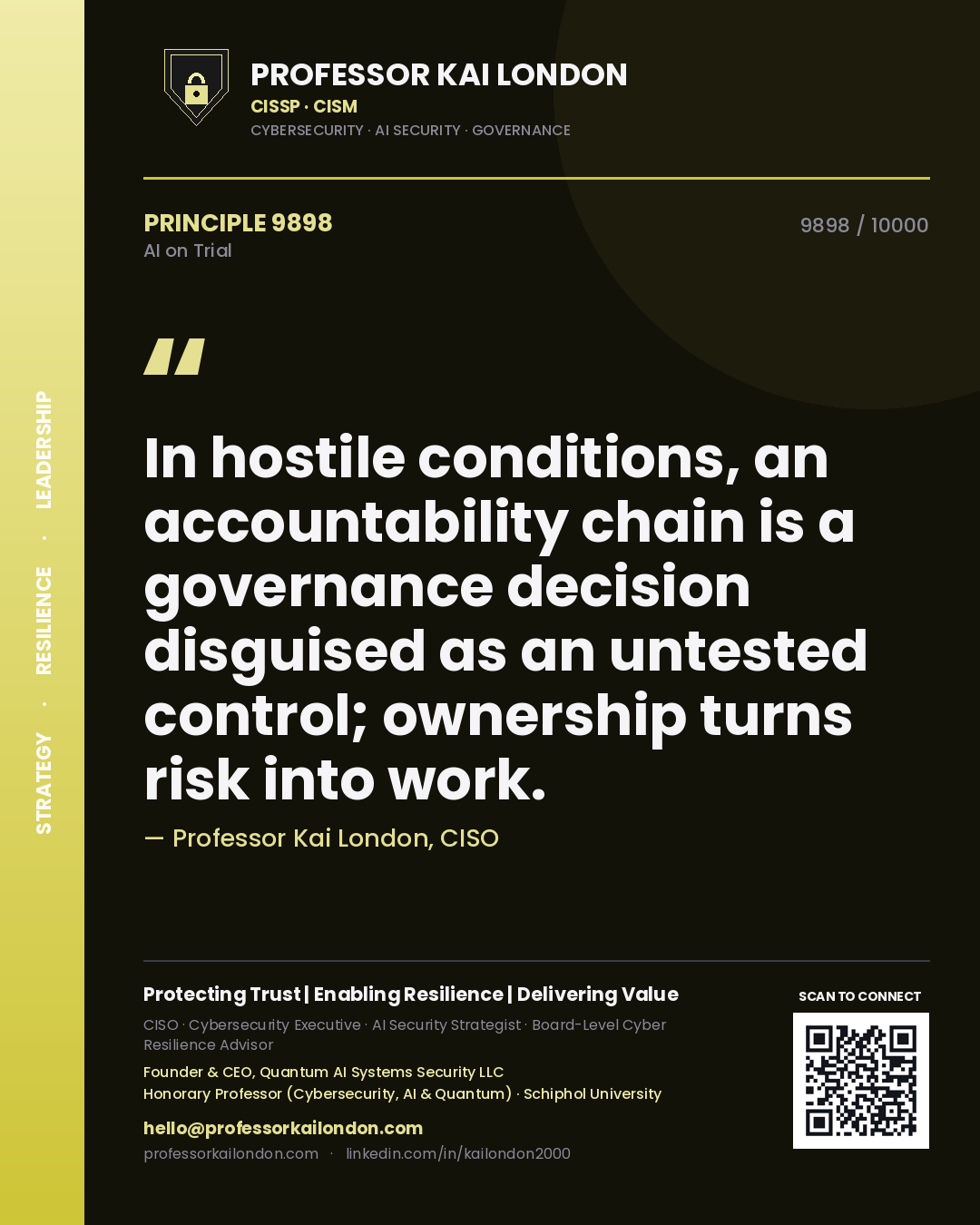 Quote card by Professor Kai London reading 'In hostile conditions, an accountability chain is a governance decision disguised as an untested control; ownership turns risk into work.'. From the book AI on Trial.
