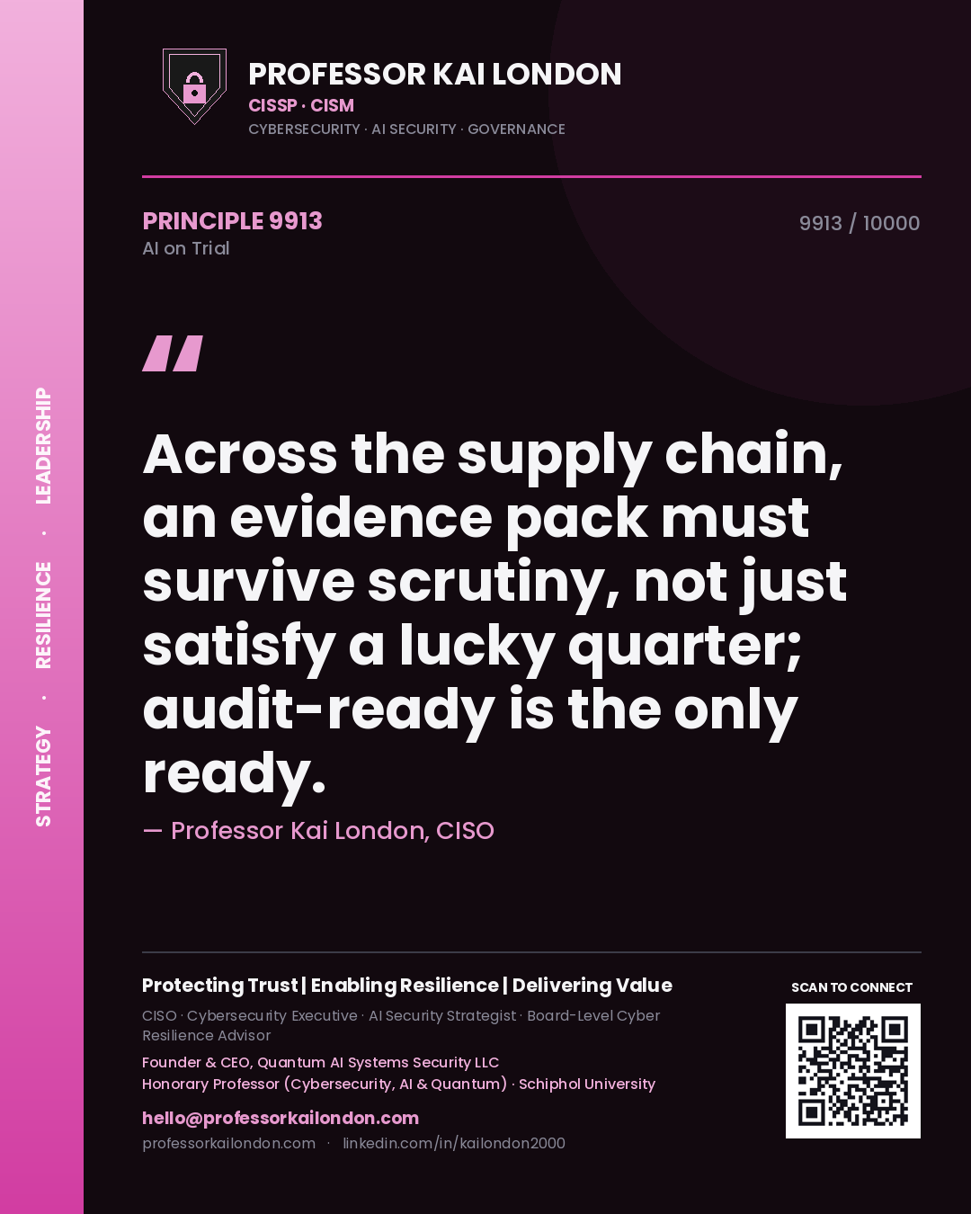 Quote card by Professor Kai London reading 'Across the supply chain, an evidence pack must survive scrutiny, not just satisfy a lucky quarter; audit-ready is the only ready.'. From the book AI on Trial.